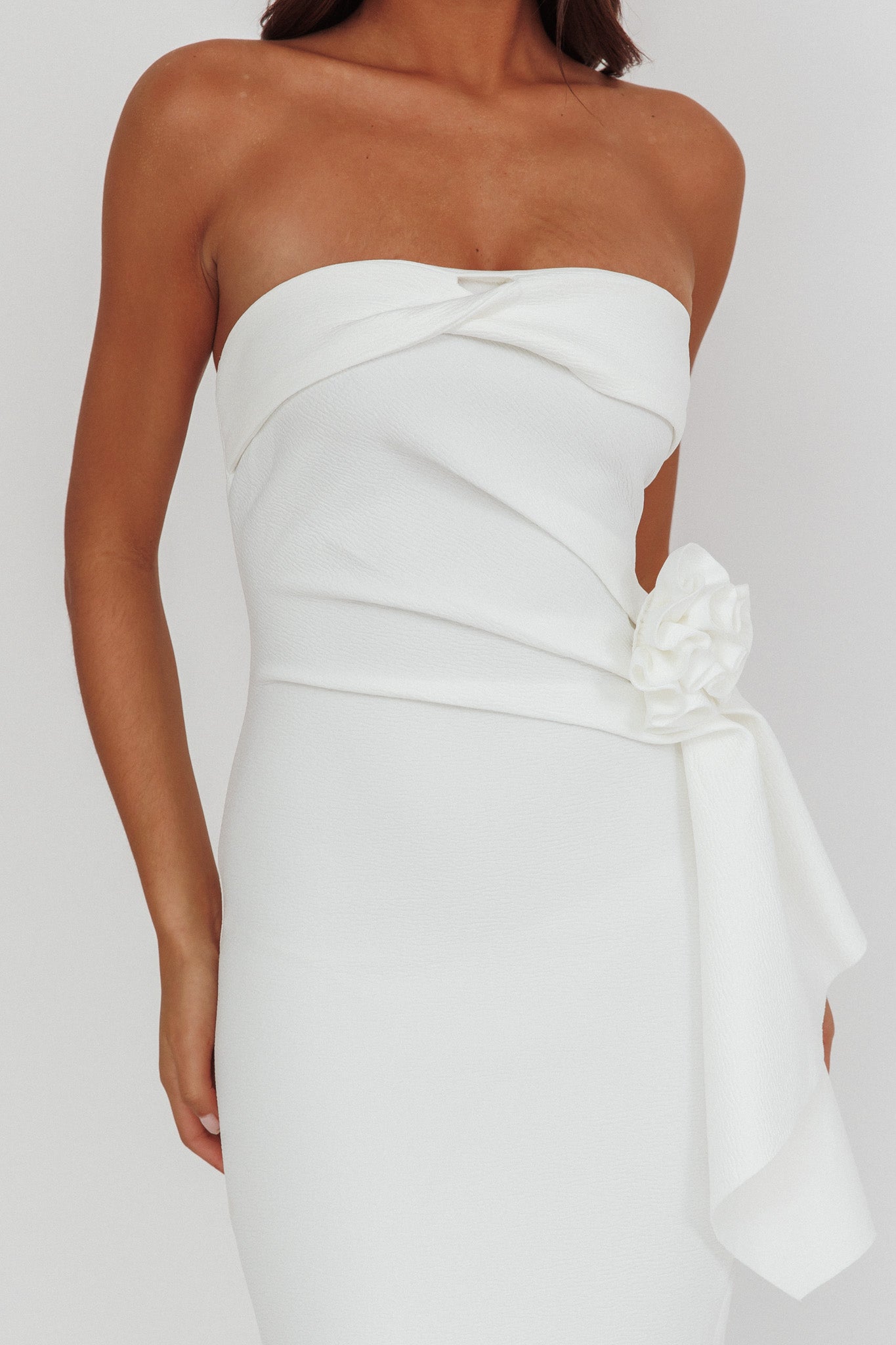 Sasha Cascade Ruffle Rosette Midi Dress White by Selfie Leslie Australia
