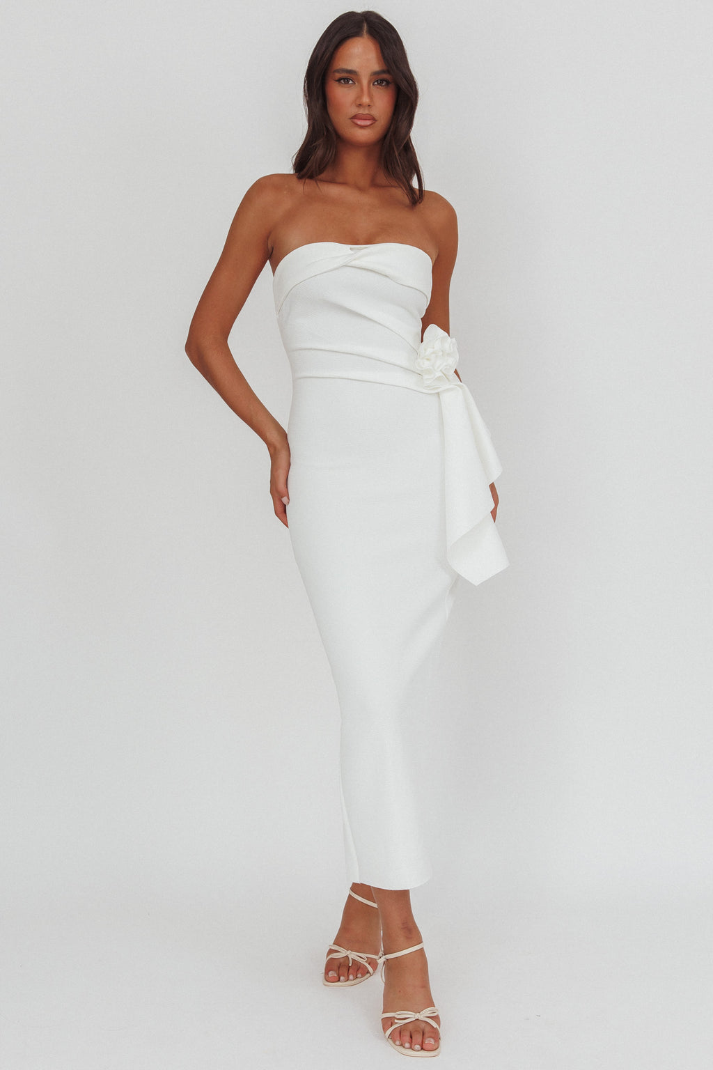 Sasha Cascade Ruffle Rosette Midi Dress White by Selfie Leslie Australia