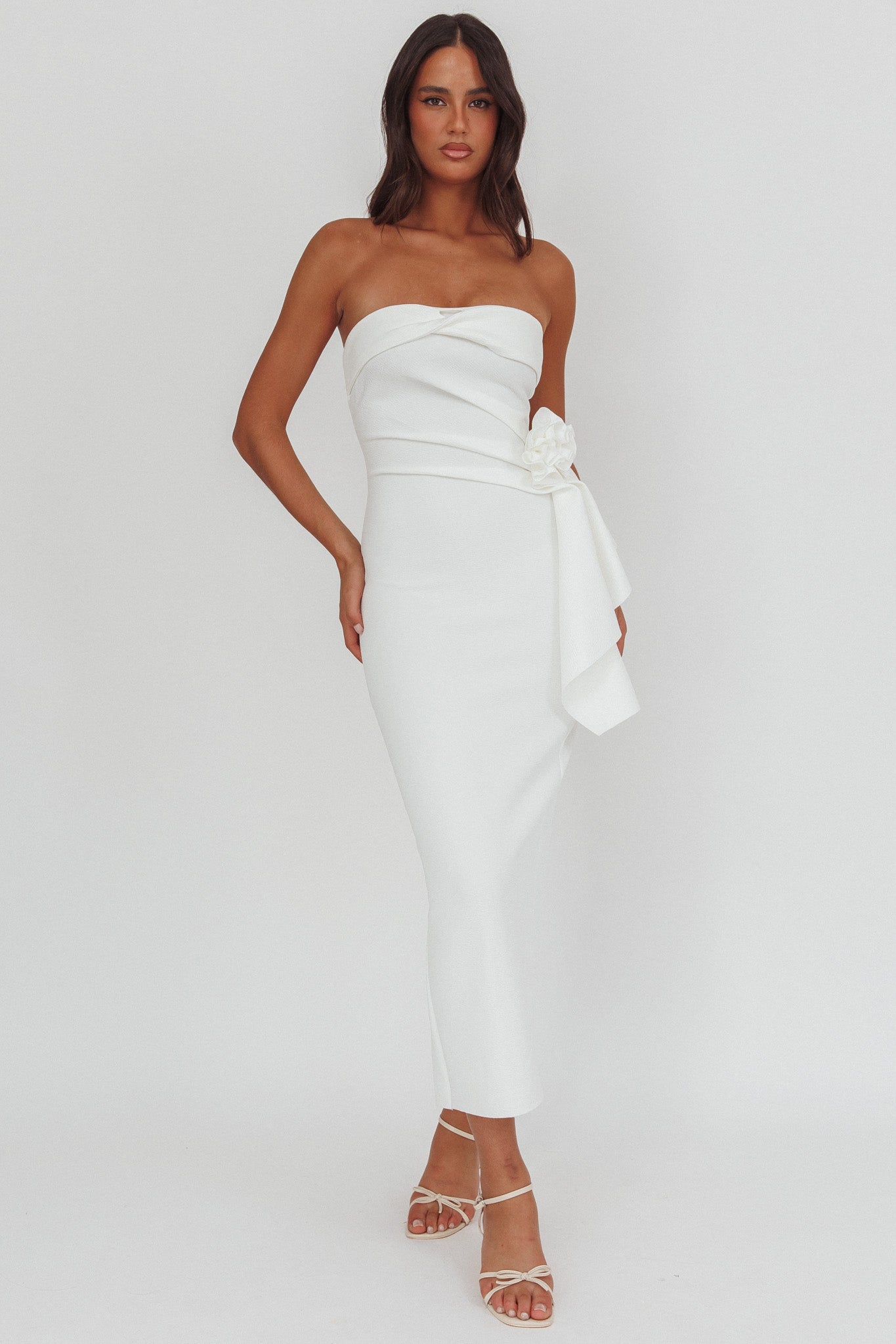 Sasha Cascade Ruffle Rosette Midi Dress White by Selfie Leslie Australia