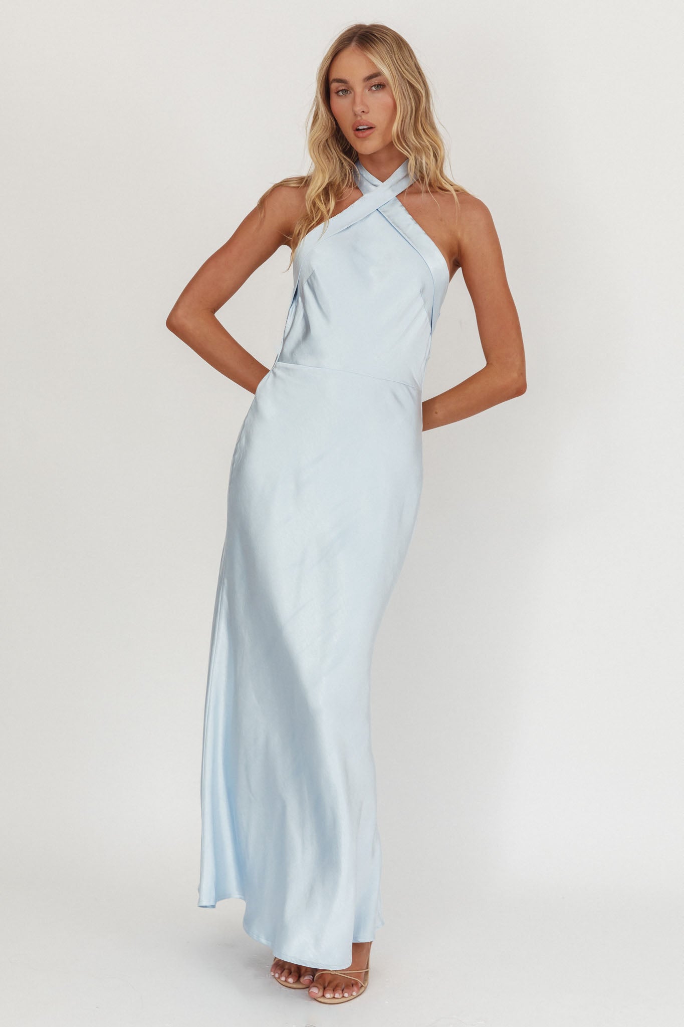 Italia Azure Crossover Halterneck Maxi Dress Ice Blue by Selfie Leslie Australia