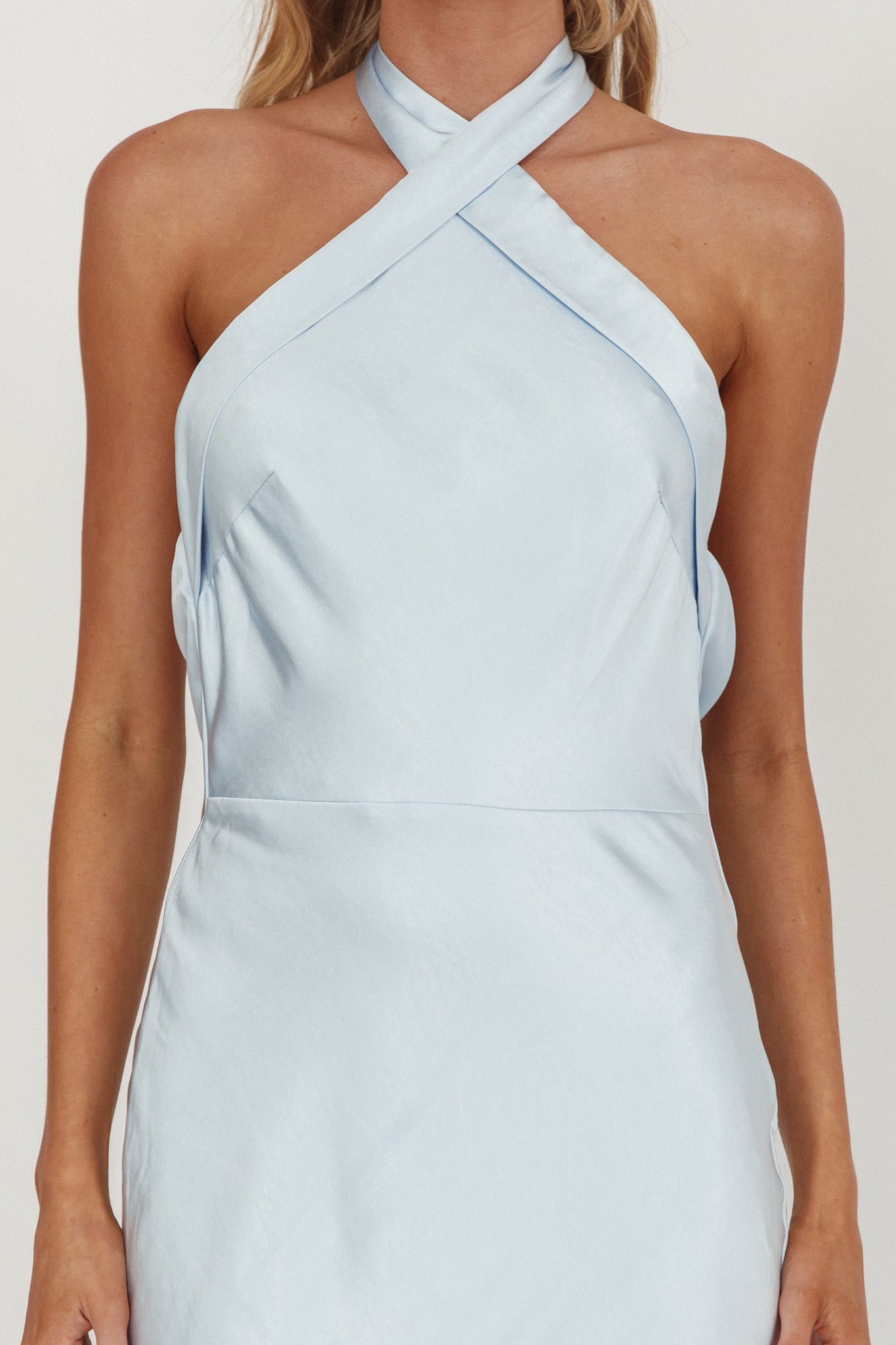 Italia Azure Crossover Halterneck Maxi Dress Ice Blue by Selfie Leslie Australia