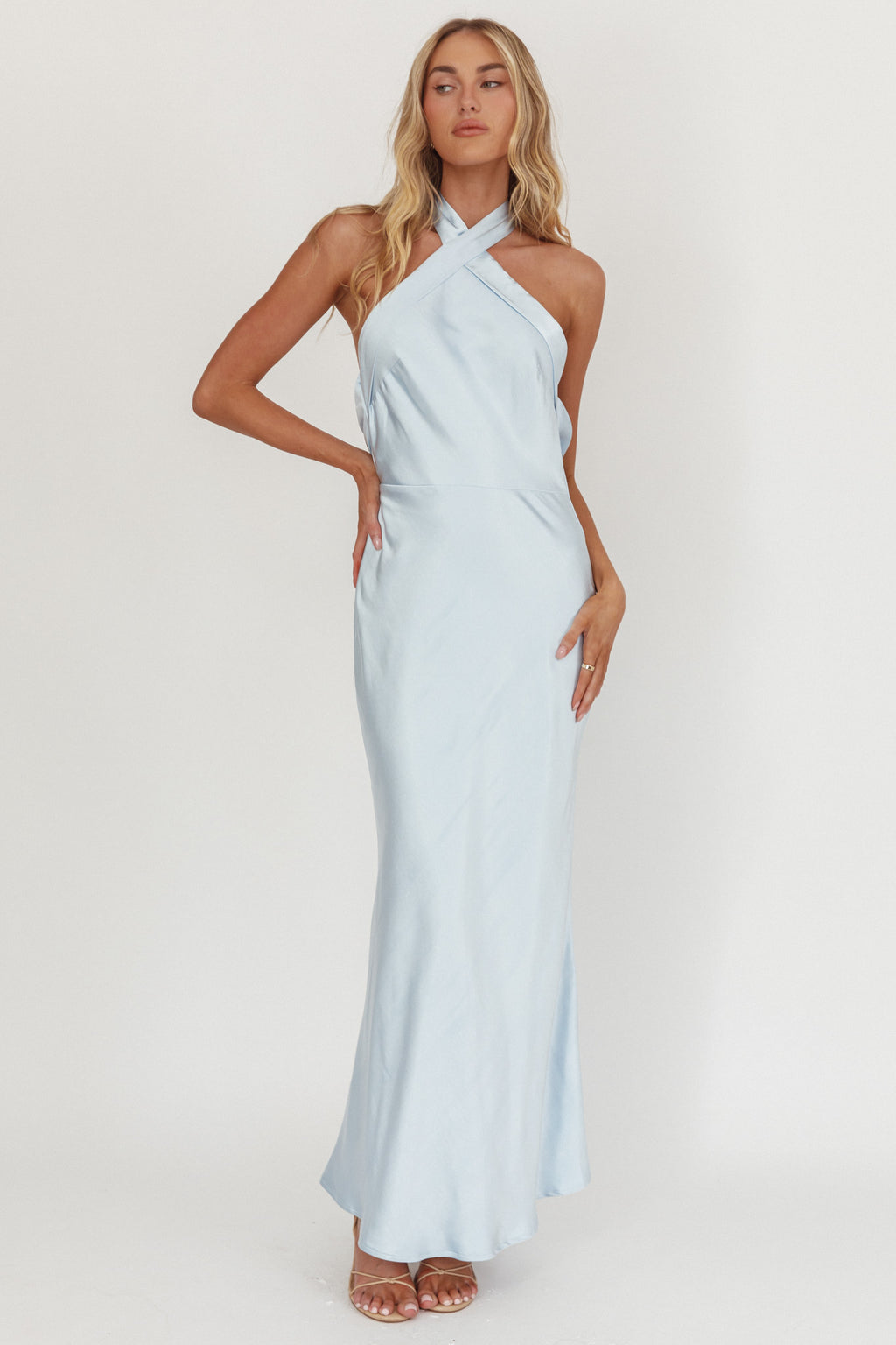 Italia Azure Crossover Halterneck Maxi Dress Ice Blue by Selfie Leslie Australia