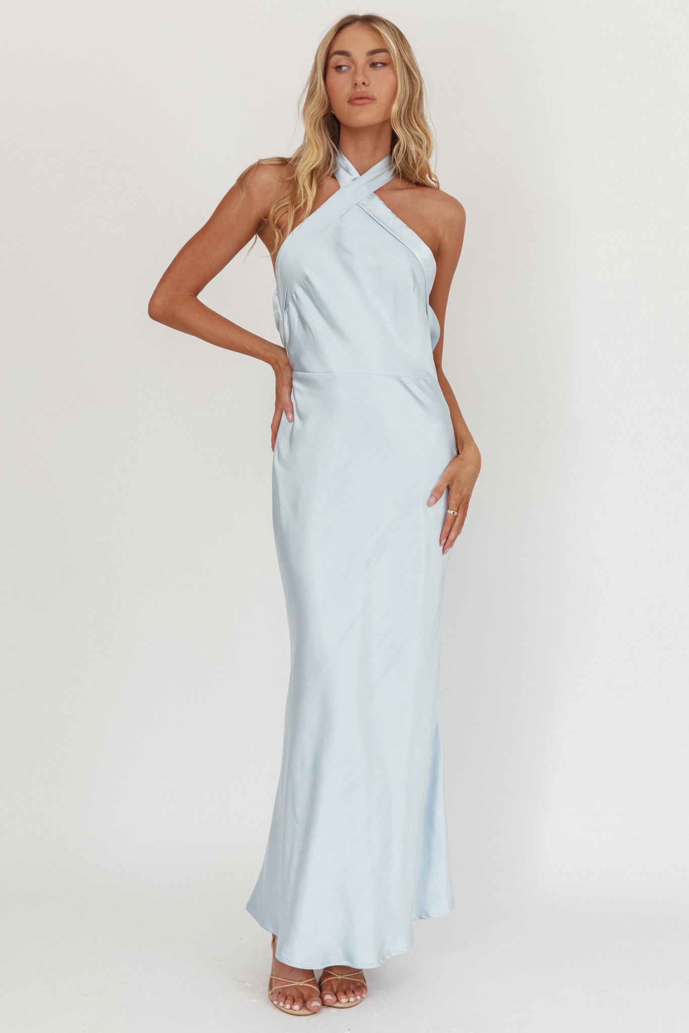 Italia Azure Crossover Halterneck Maxi Dress Ice Blue by Selfie Leslie Australia