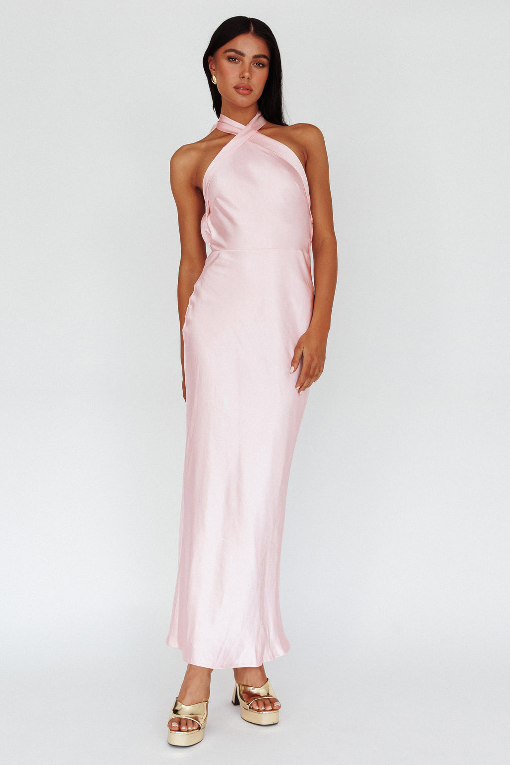 Italia Azure Crossover Halterneck Maxi Dress Pearl by Selfie Leslie Australia