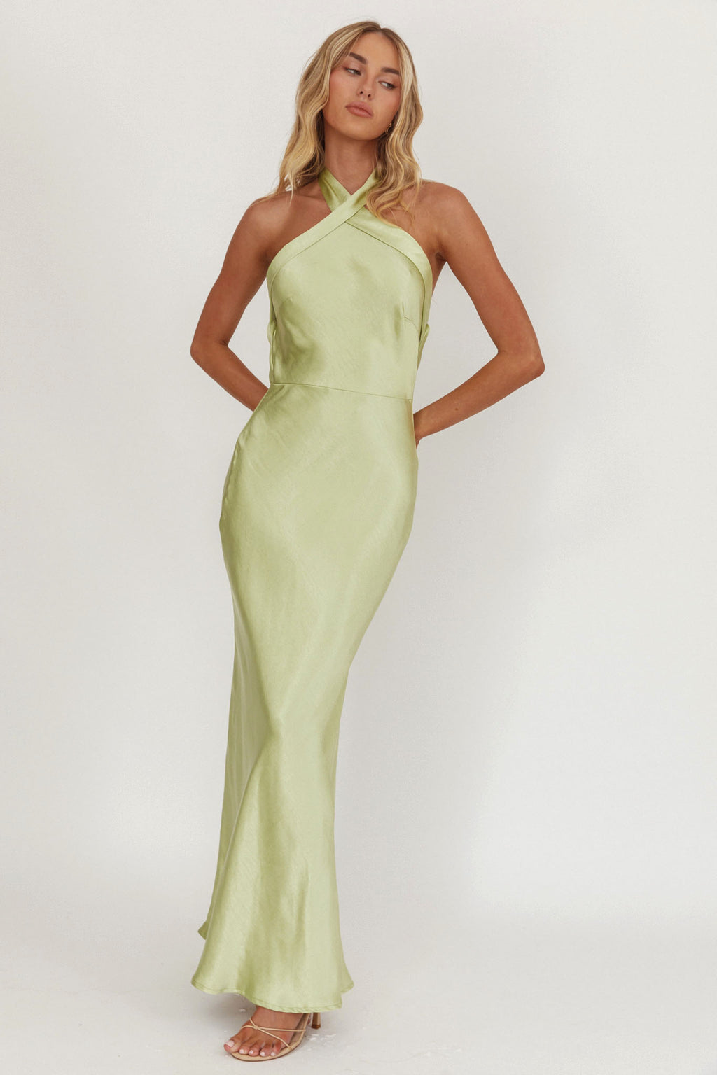 Italia Azure Crossover Halterneck Maxi Dress Pistachio by Selfie Leslie Australia