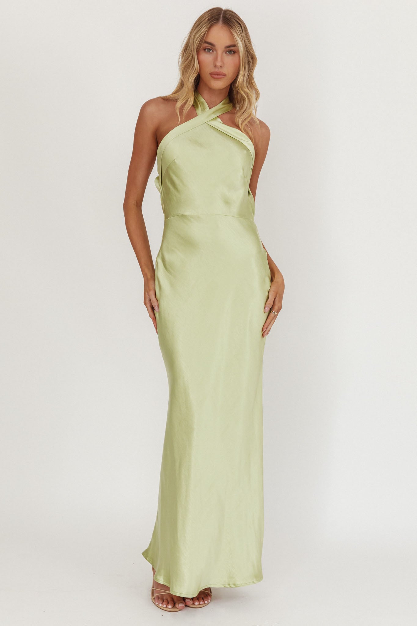 Italia Azure Crossover Halterneck Maxi Dress Pistachio by Selfie Leslie Australia