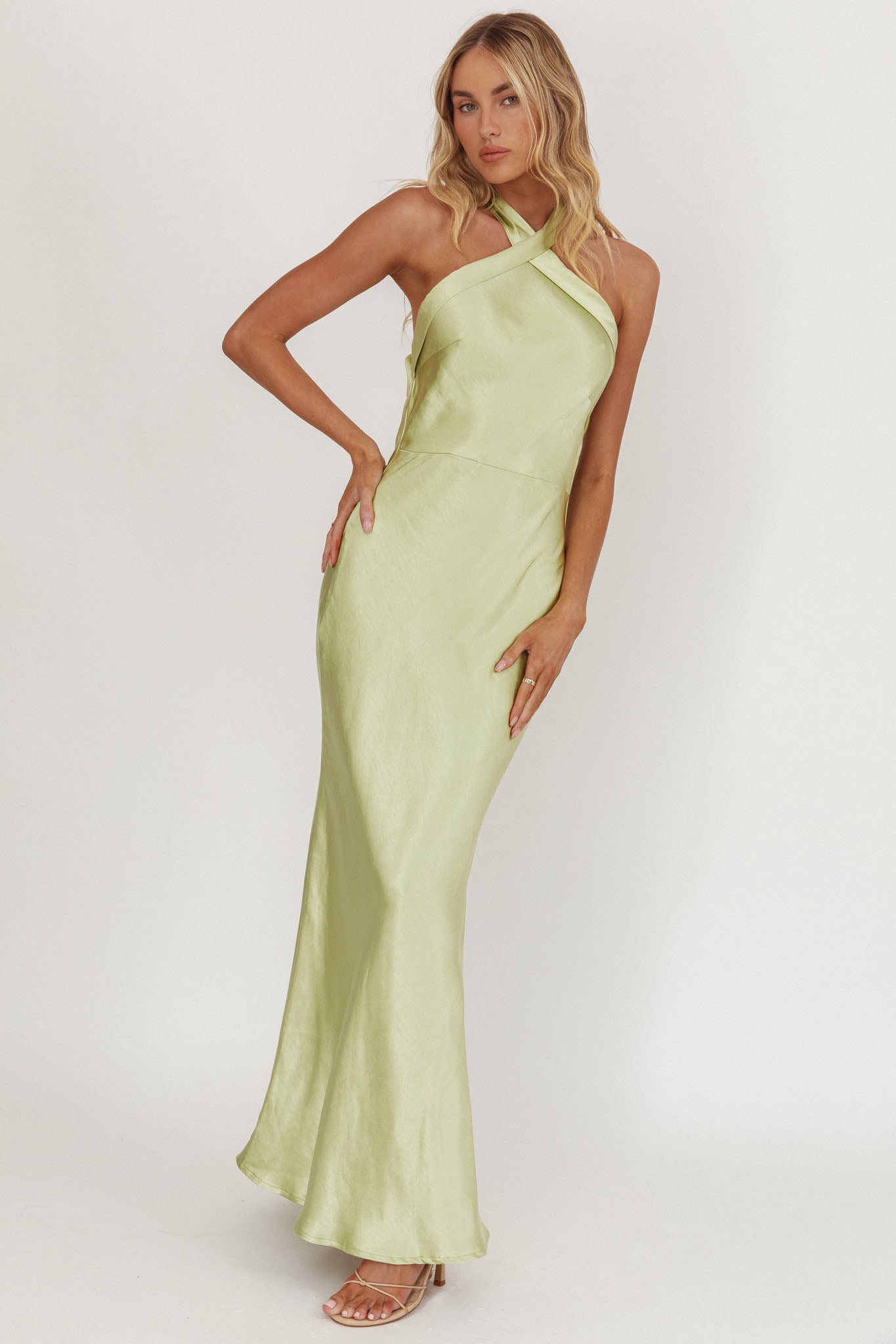Italia Azure Crossover Halterneck Maxi Dress Pistachio Selfie Leslie