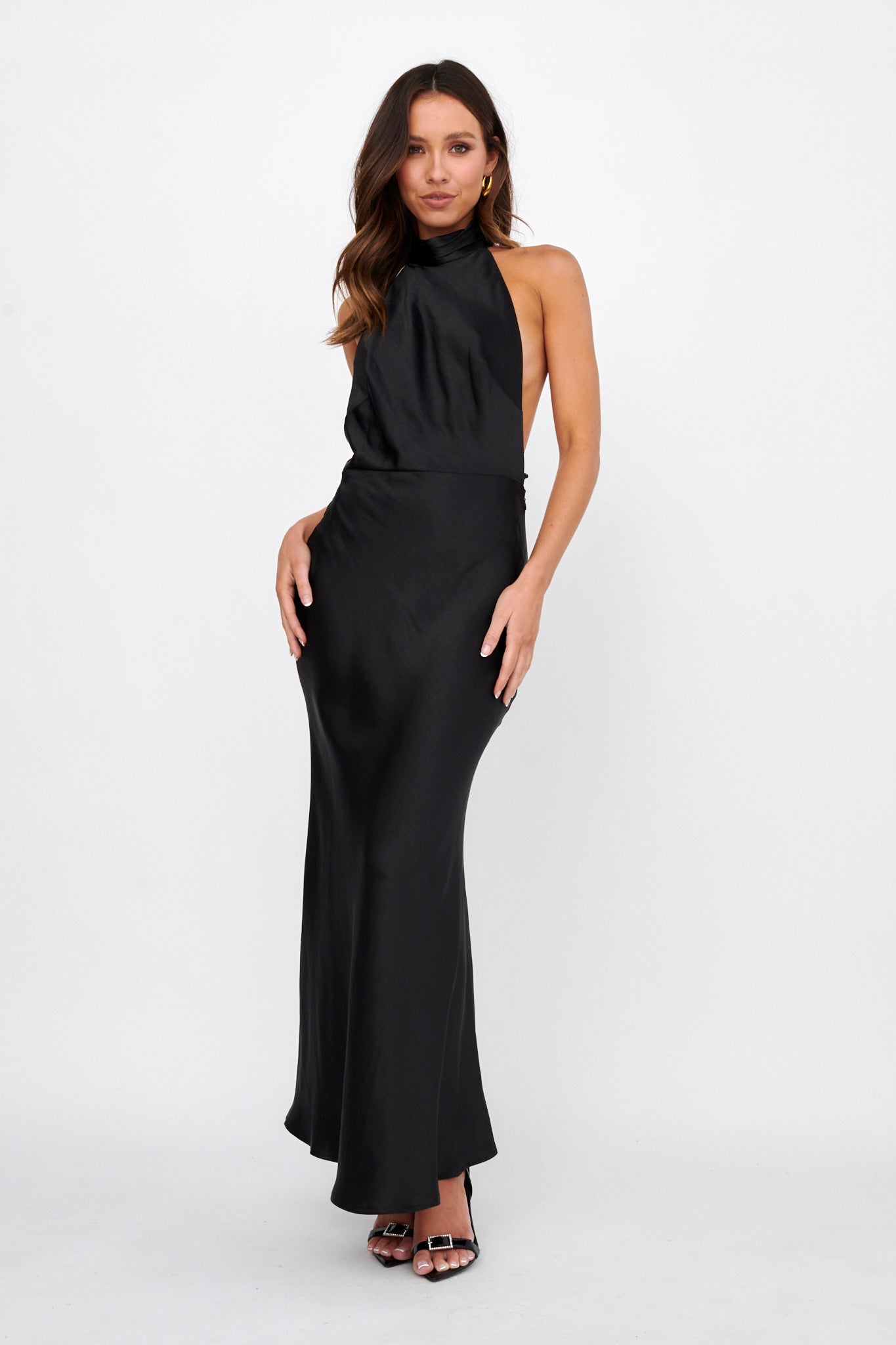 Shop the Italia Azure Halterneck Pearl Back Maxi Dress Black | Selfie ...