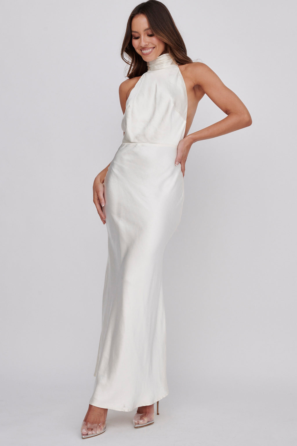 Italia Azure Halterneck Pearl Back Maxi Dress Oyster by Selfie Leslie Australia