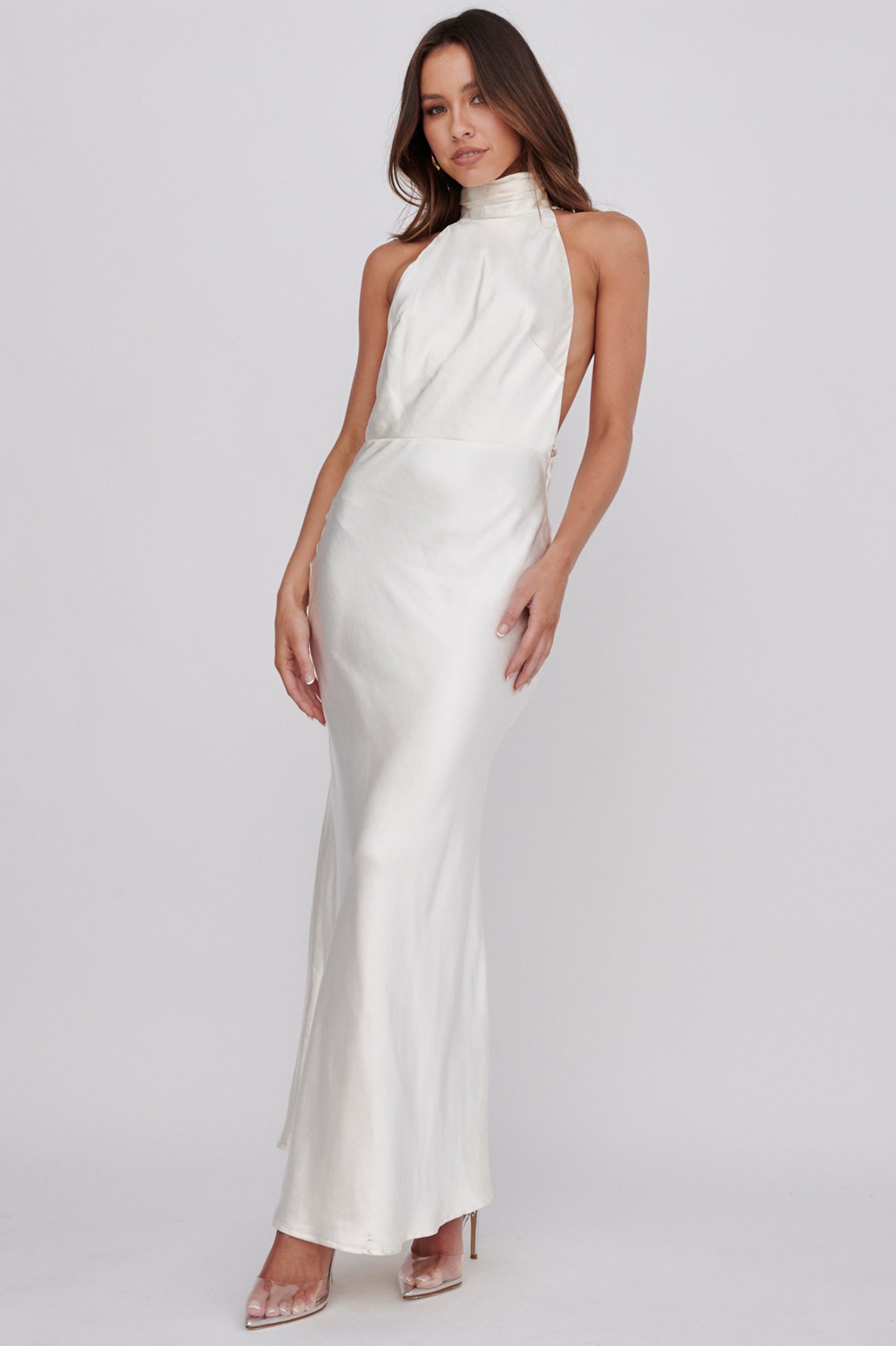 Italia Azure Halterneck Pearl Back Maxi Dress Oyster by Selfie Leslie Australia