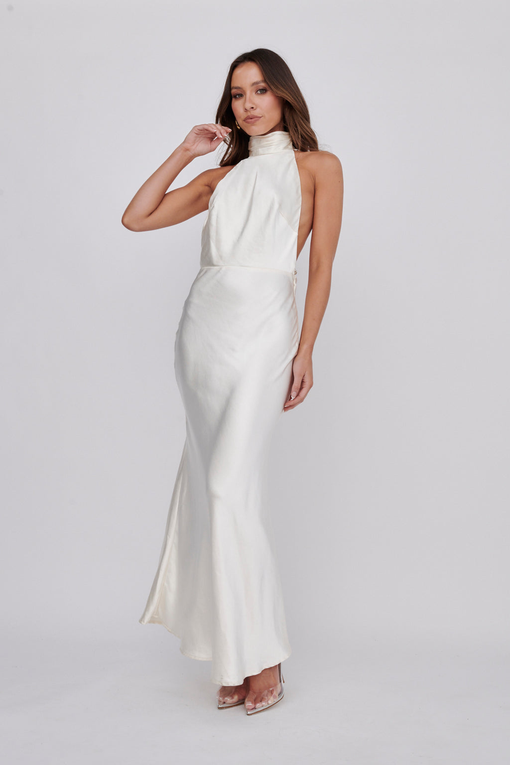 Italia Azure Halterneck Pearl Back Maxi Dress Oyster by Selfie Leslie Australia