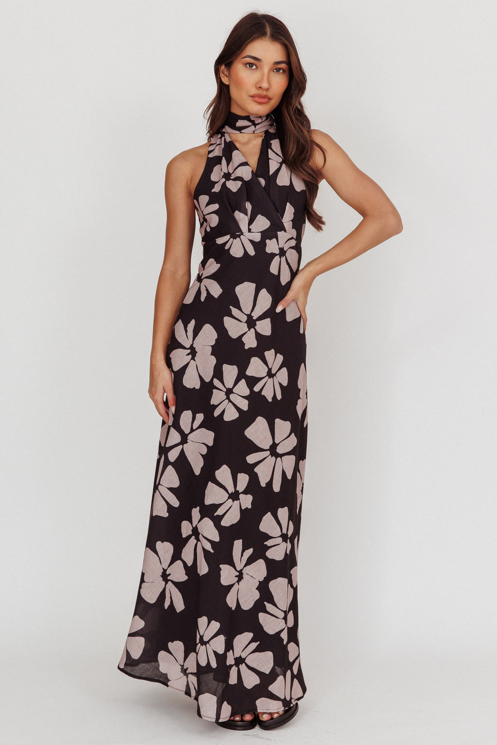 Italia Azure Halterneck Floral Maxi Dress Black by Selfie Leslie Australia