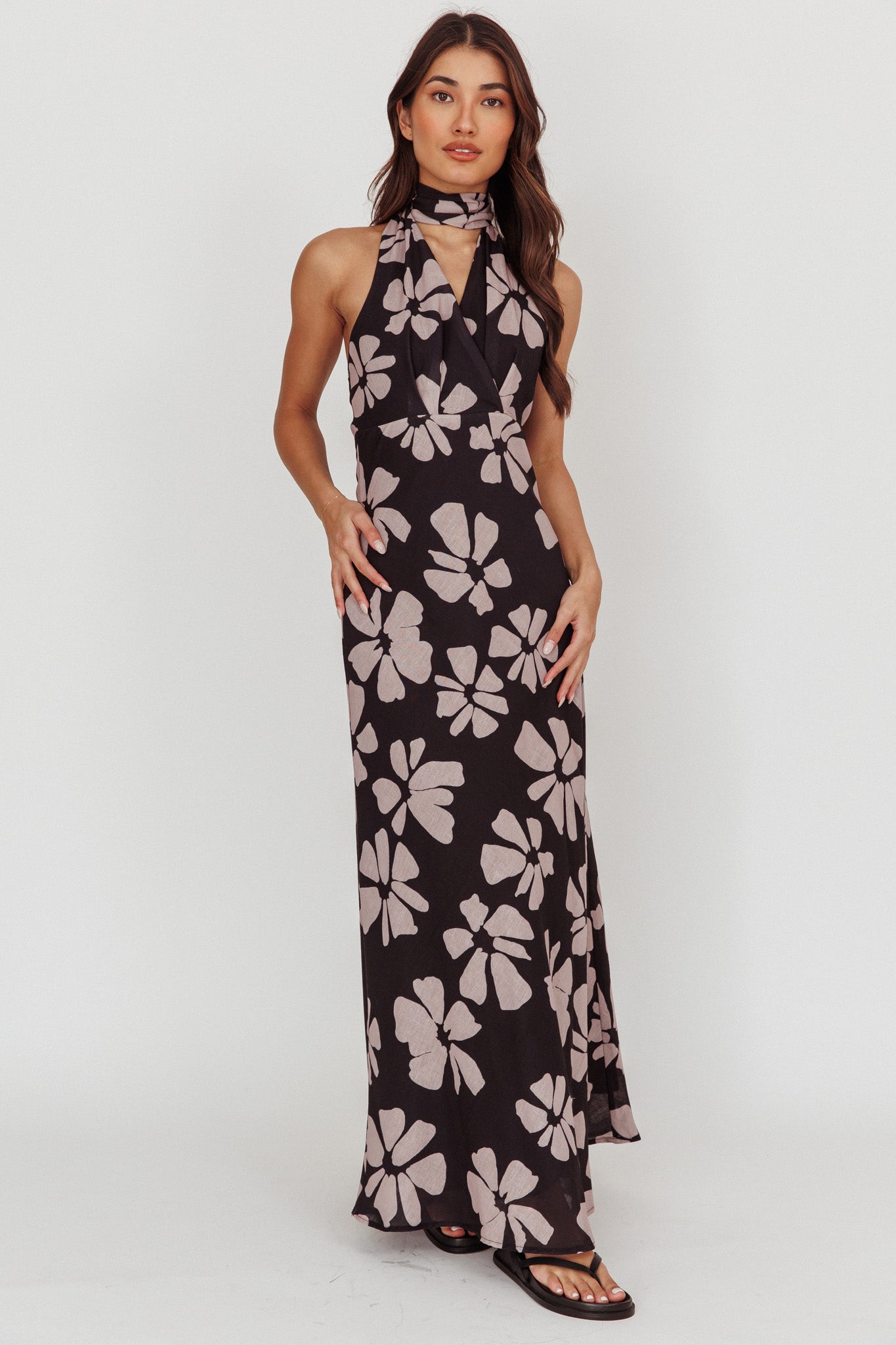 Italia Azure Halterneck Floral Maxi Dress Black by Selfie Leslie Australia