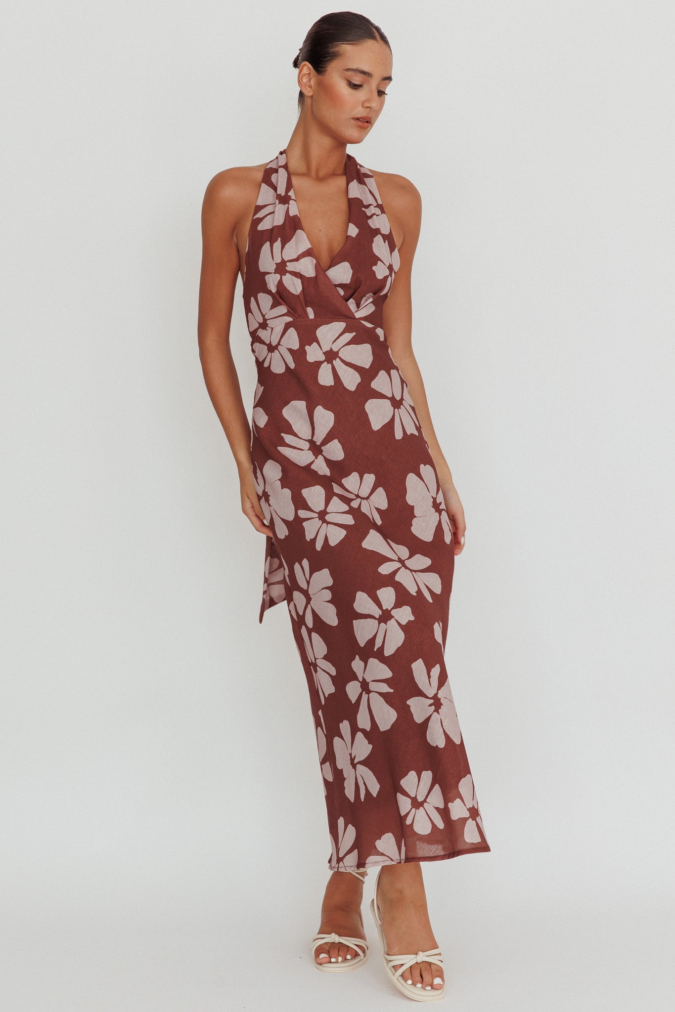 Italia Azure Halterneck Floral Maxi Dress Brown by Selfie Leslie Australia