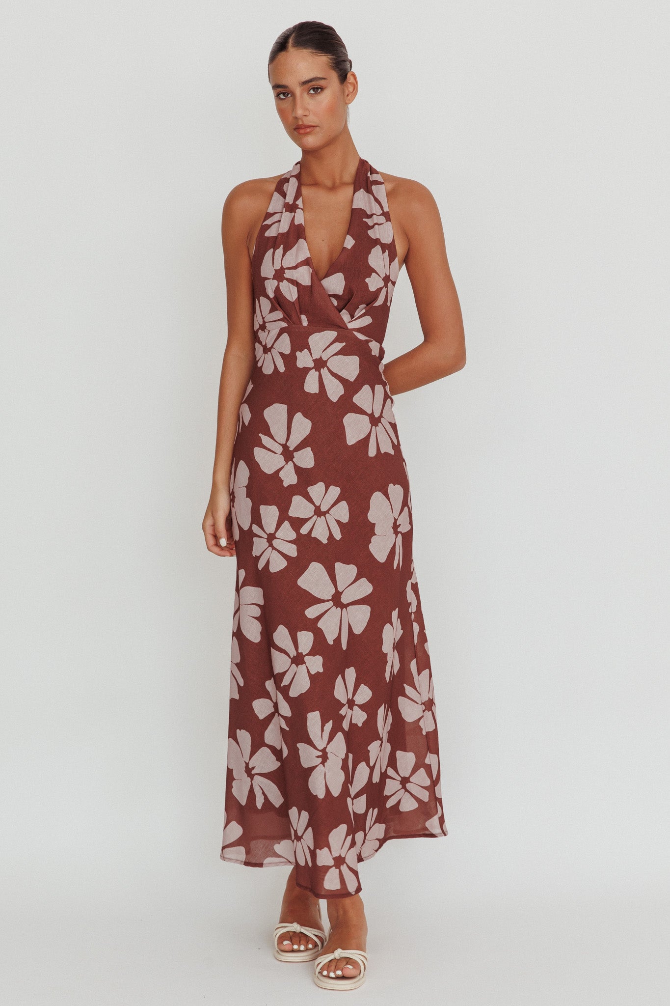 Italia Azure Halterneck Floral Maxi Dress Brown by Selfie Leslie Australia