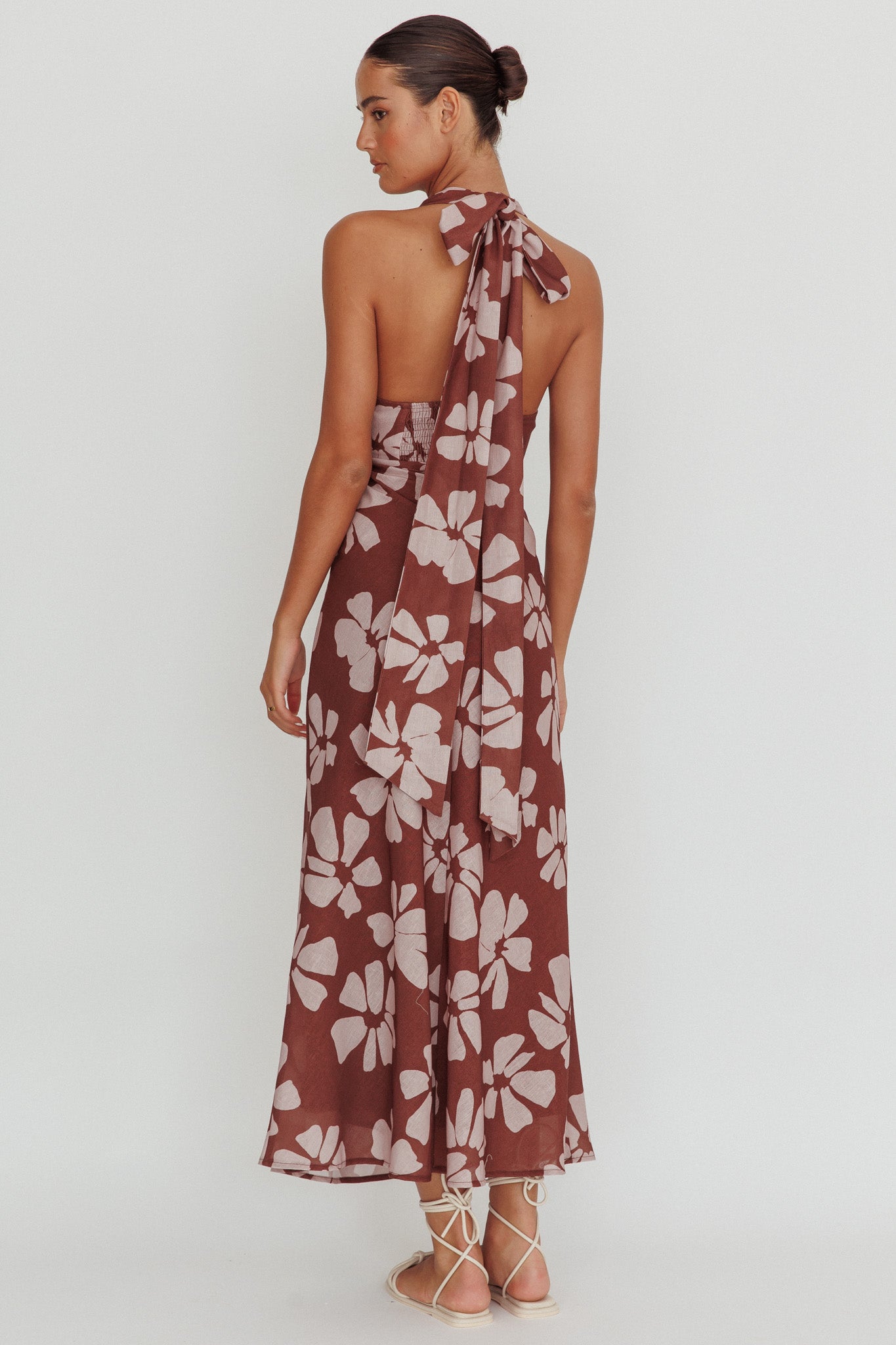 Italia Azure Halterneck Floral Maxi Dress Brown by Selfie Leslie Australia