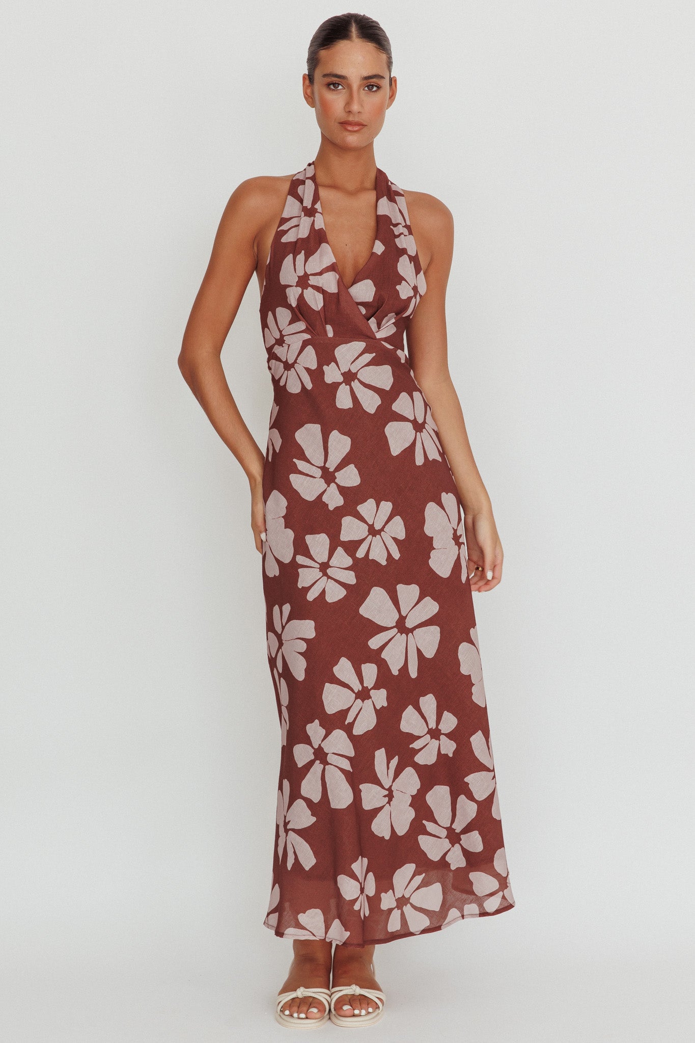 Italia Azure Halterneck Floral Maxi Dress Brown by Selfie Leslie Australia