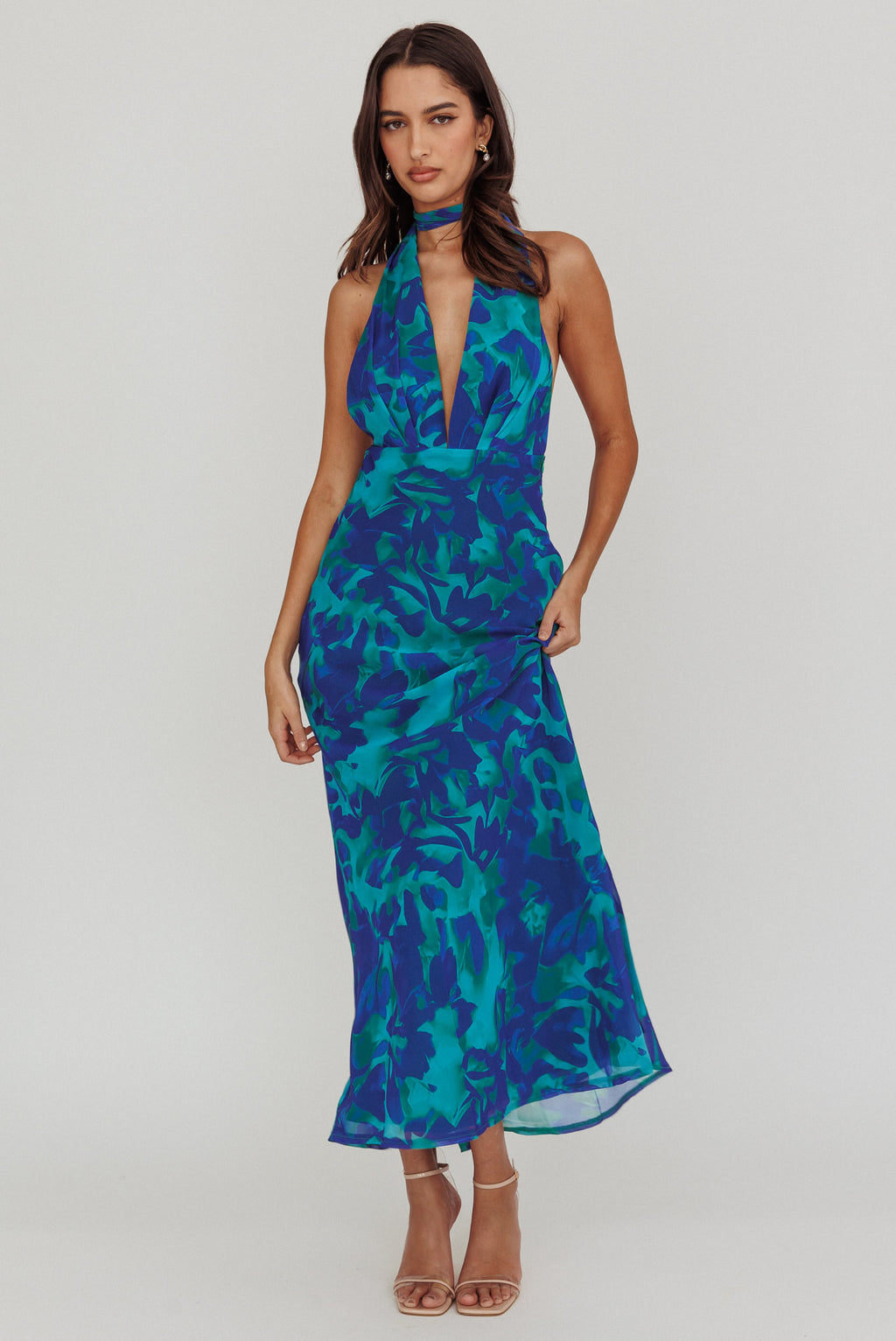 Italia Azure Halterneck Maxi Dress Abstract Blue by Selfie Leslie Australia