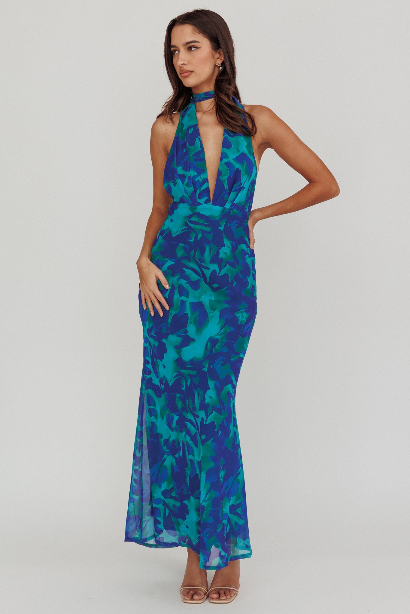 Italia Azure Halterneck Maxi Dress Abstract Blue by Selfie Leslie Australia