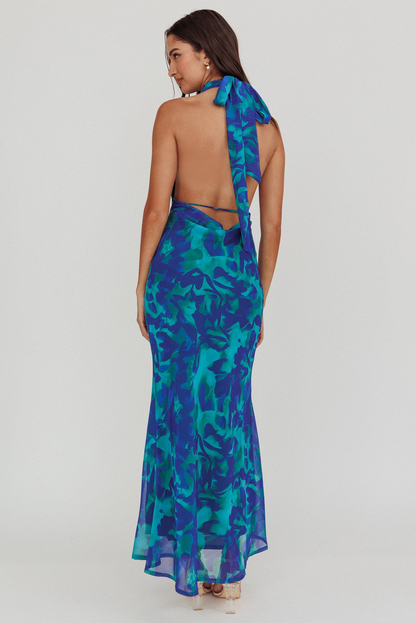Italia Azure Halterneck Maxi Dress Abstract Blue by Selfie Leslie Australia