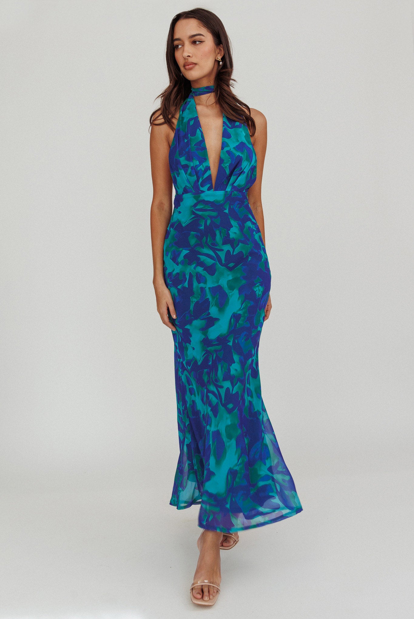Italia Azure Halterneck Maxi Dress Abstract Blue by Selfie Leslie Australia