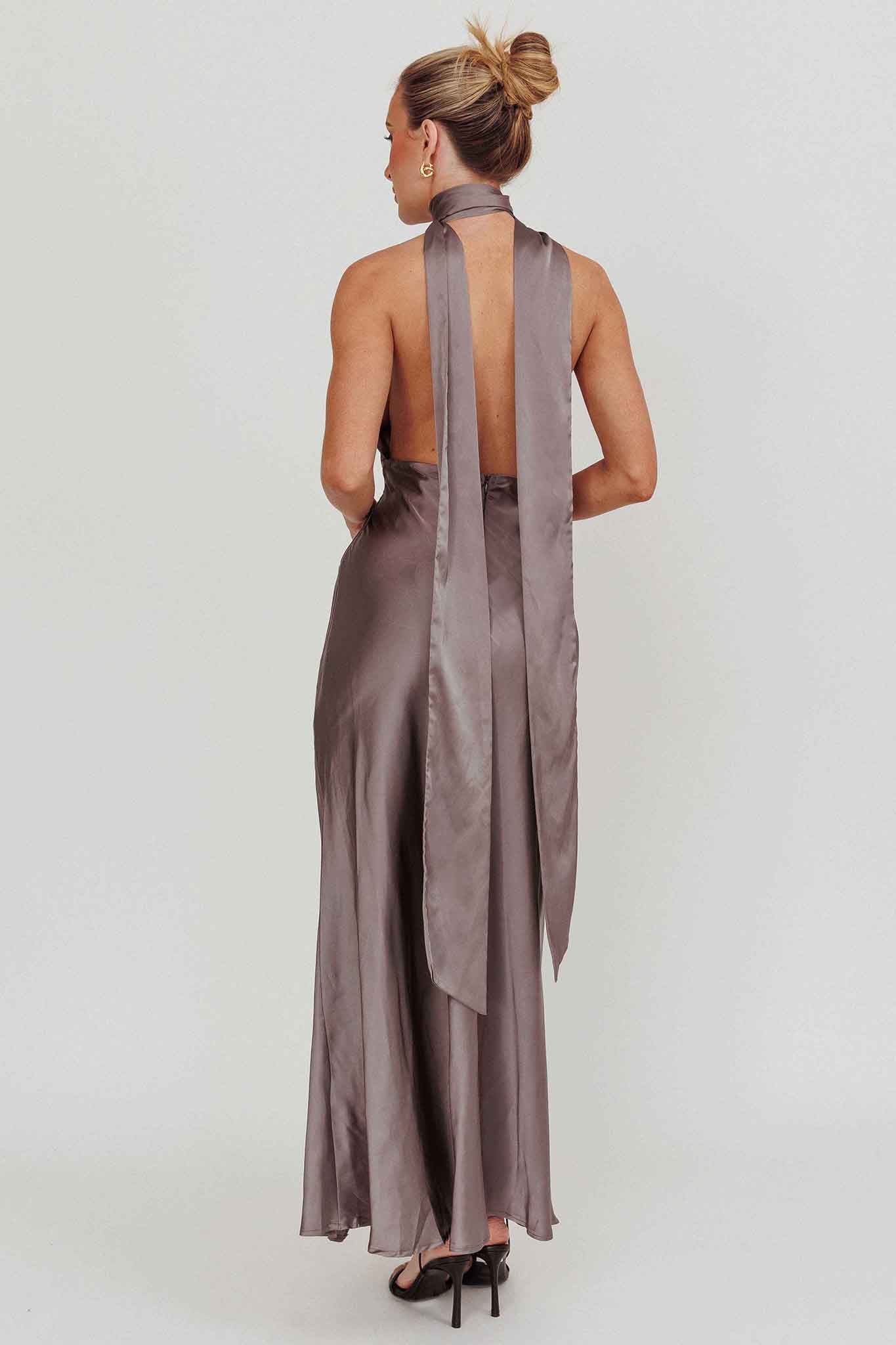 Italia Azure Halterneck Rosette Maxi Dress Grey by Selfie Leslie Australia