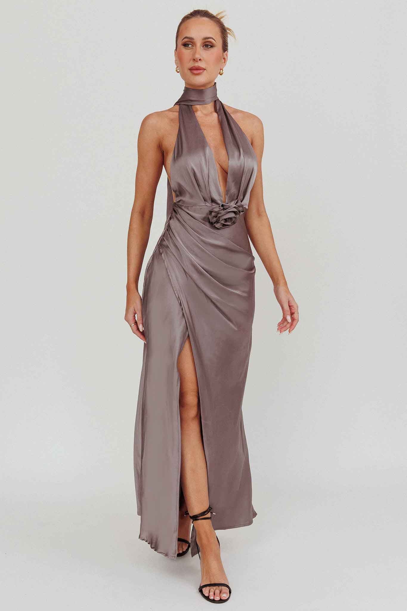 Italia Azure Halterneck Rosette Maxi Dress Grey by Selfie Leslie Australia