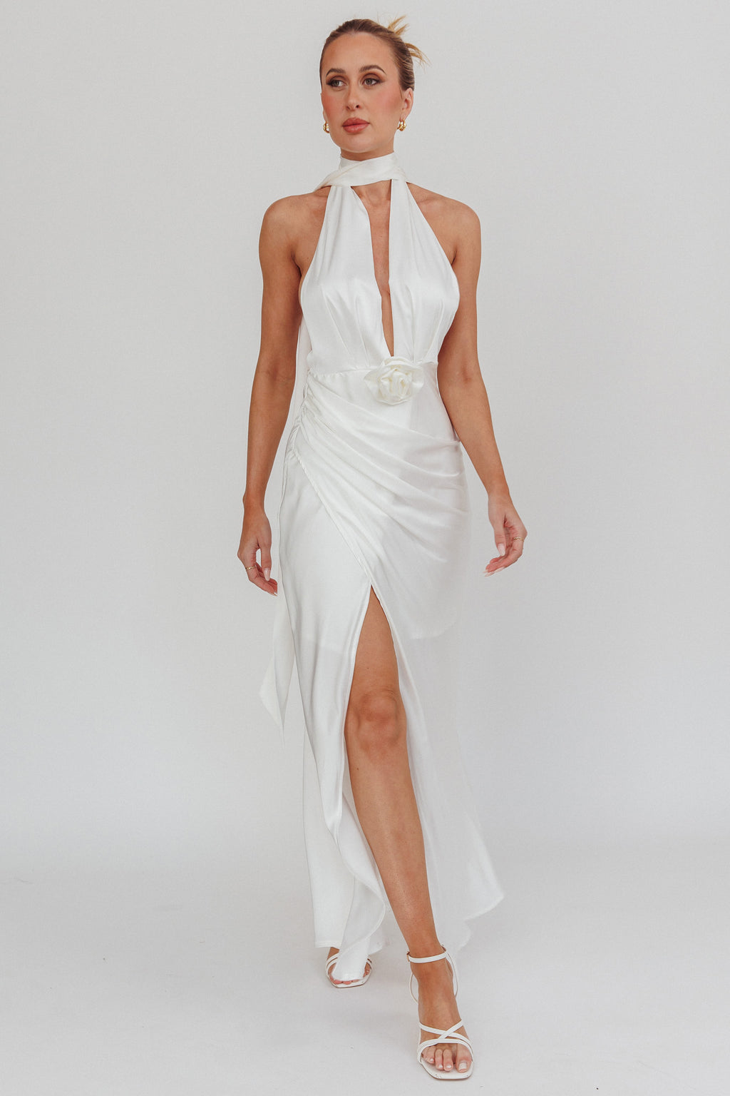 Italia Azure Halterneck Rosette Maxi Dress Oyster by Selfie Leslie Australia
