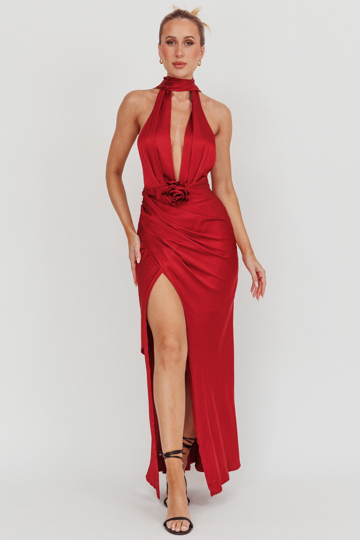Italia Azure Halterneck Rosette Maxi Dress Wine by Selfie Leslie Australia