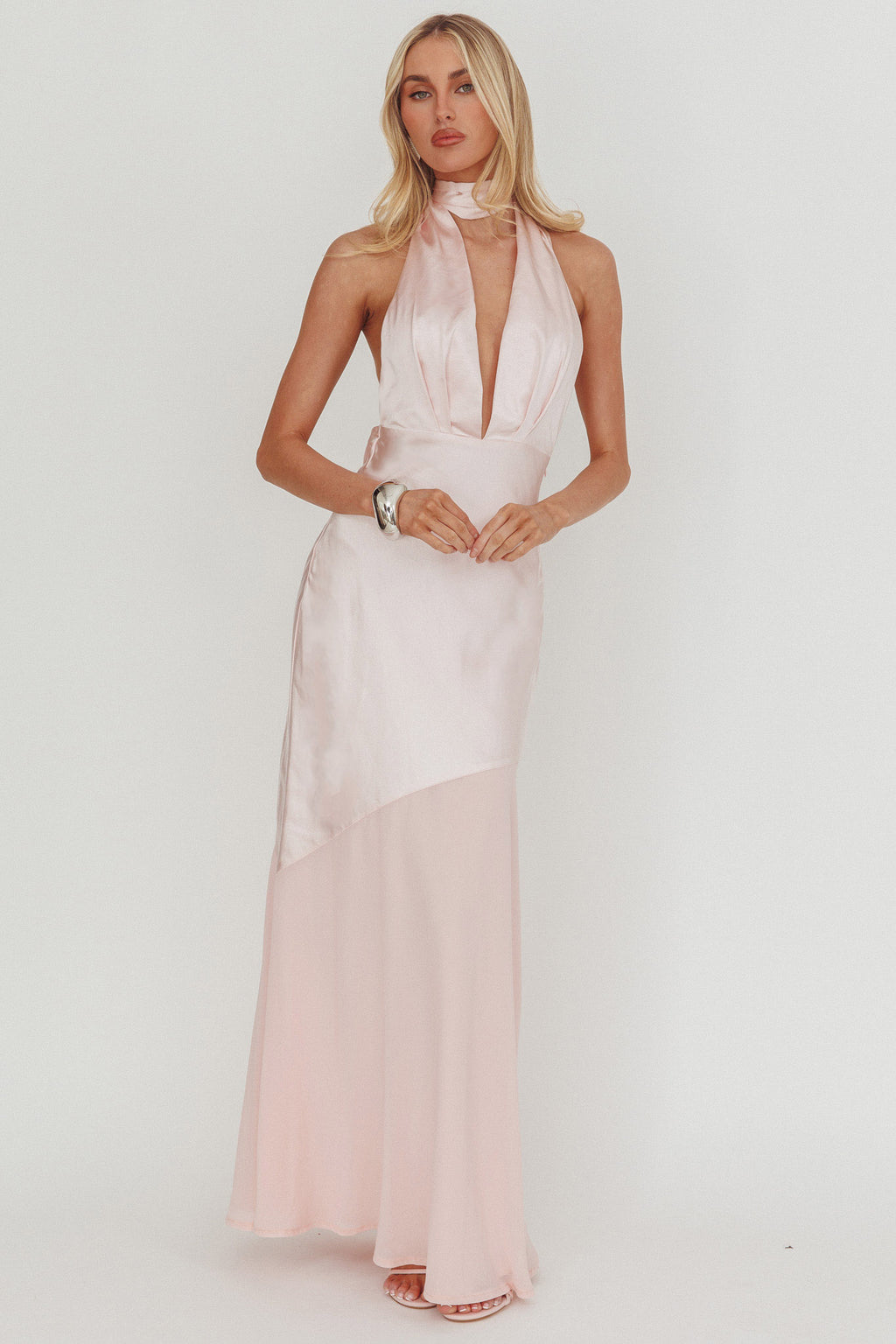 Italia Azure Halterneck Sheer Hem Maxi Dress Blush by Selfie Leslie Australia