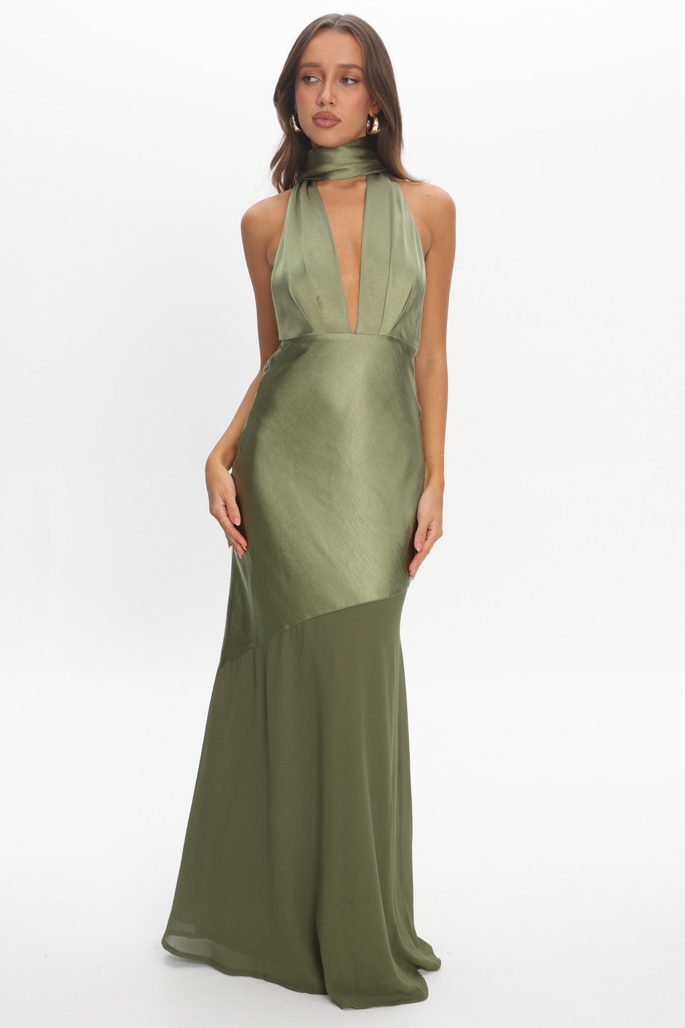 Italia Azure Halterneck Sheer Hem Maxi Dress Olive by Selfie Leslie Australia