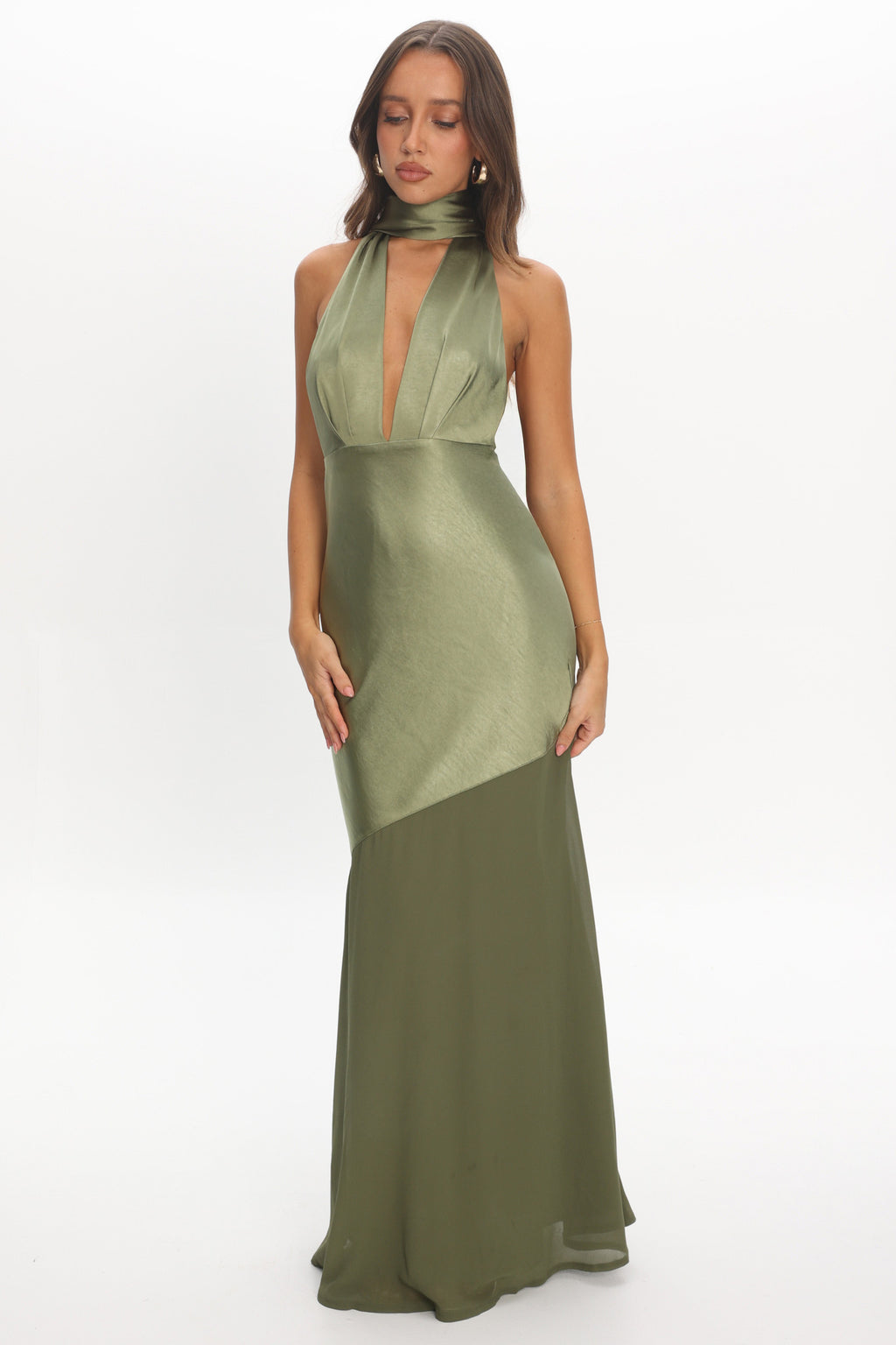 Italia Azure Halterneck Sheer Hem Maxi Dress Olive by Selfie Leslie Australia