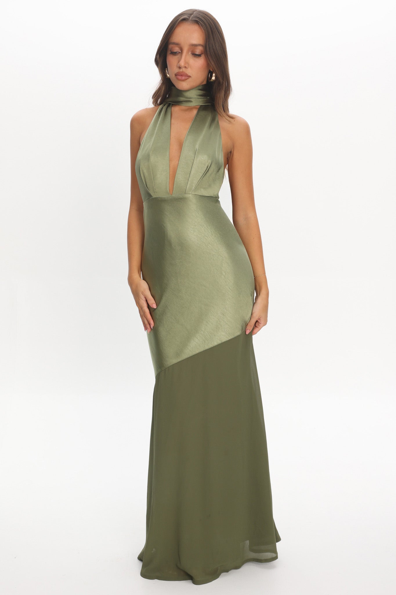 Italia Azure Halterneck Sheer Hem Maxi Dress Olive by Selfie Leslie Australia