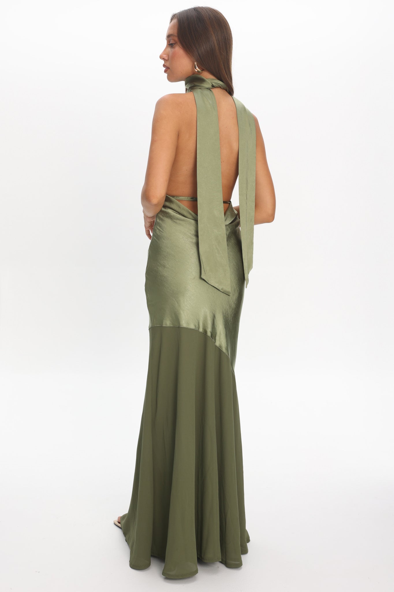 Italia Azure Halterneck Sheer Hem Maxi Dress Olive by Selfie Leslie Australia