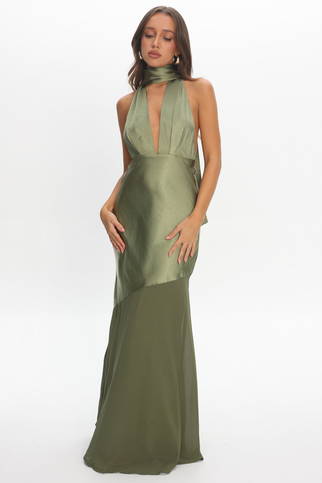 Italia Azure Halterneck Sheer Hem Maxi Dress Olive by Selfie Leslie Australia