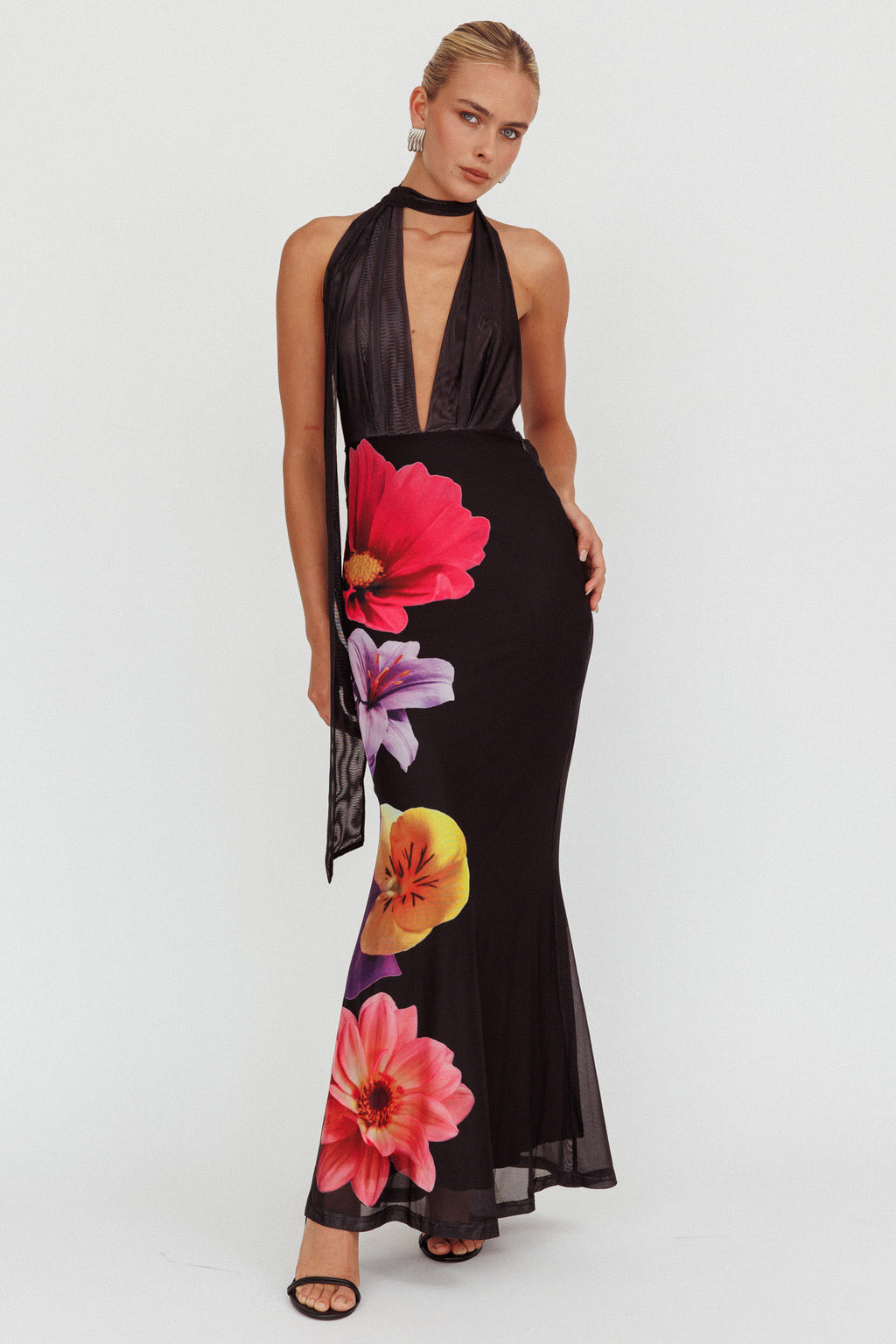 Italia Azure Halterneck Maxi Dress Flowers Black by Selfie Leslie Australia