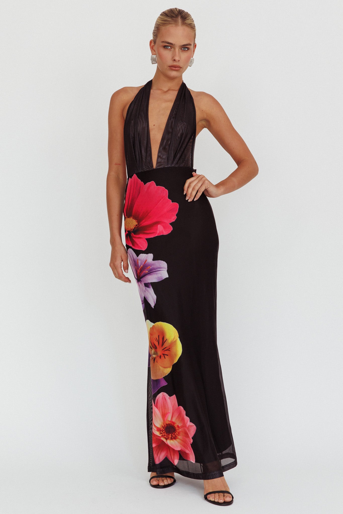 Italia Azure Halterneck Maxi Dress Flowers Black by Selfie Leslie Australia