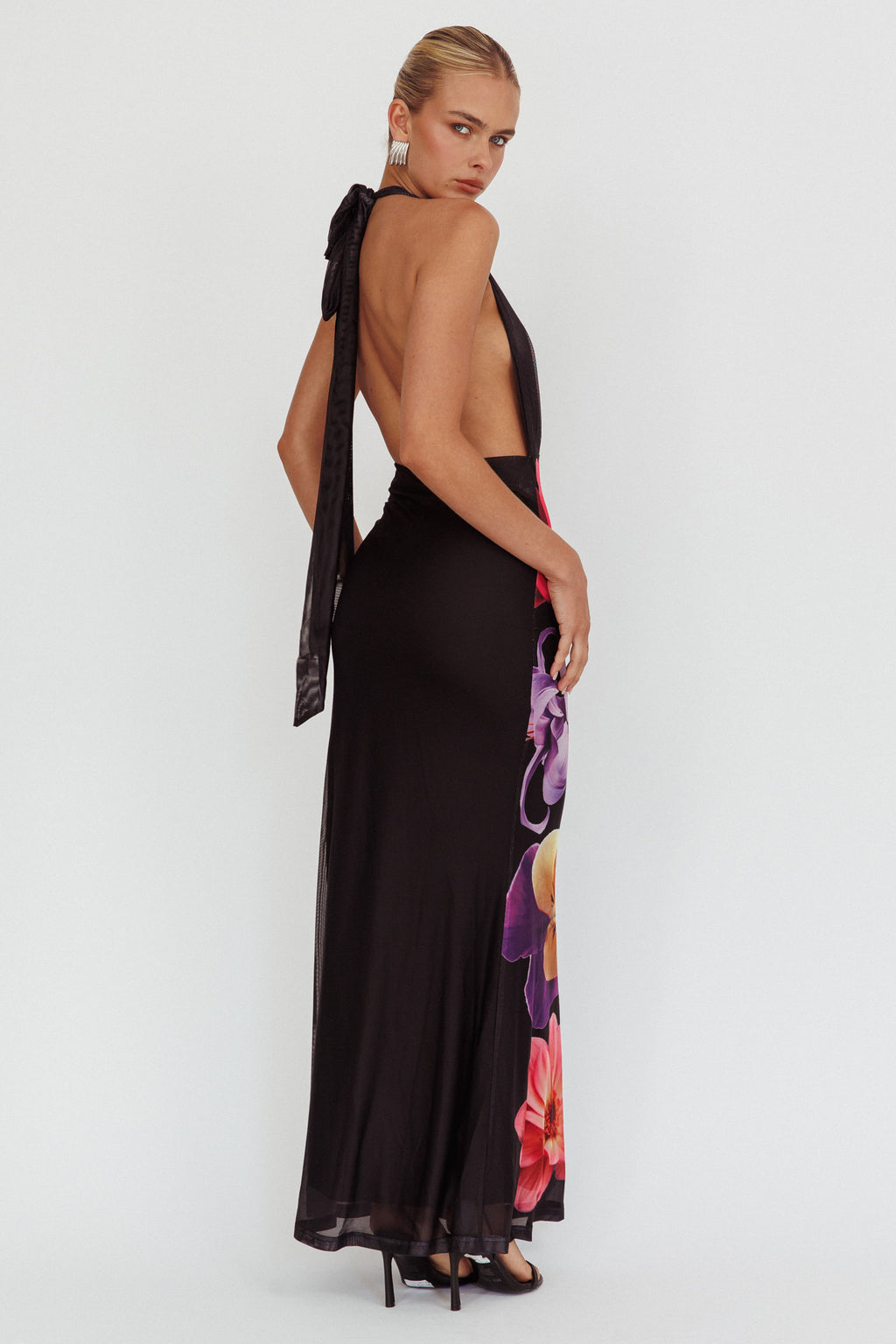 Italia Azure Halterneck Maxi Dress Flowers Black by Selfie Leslie Australia