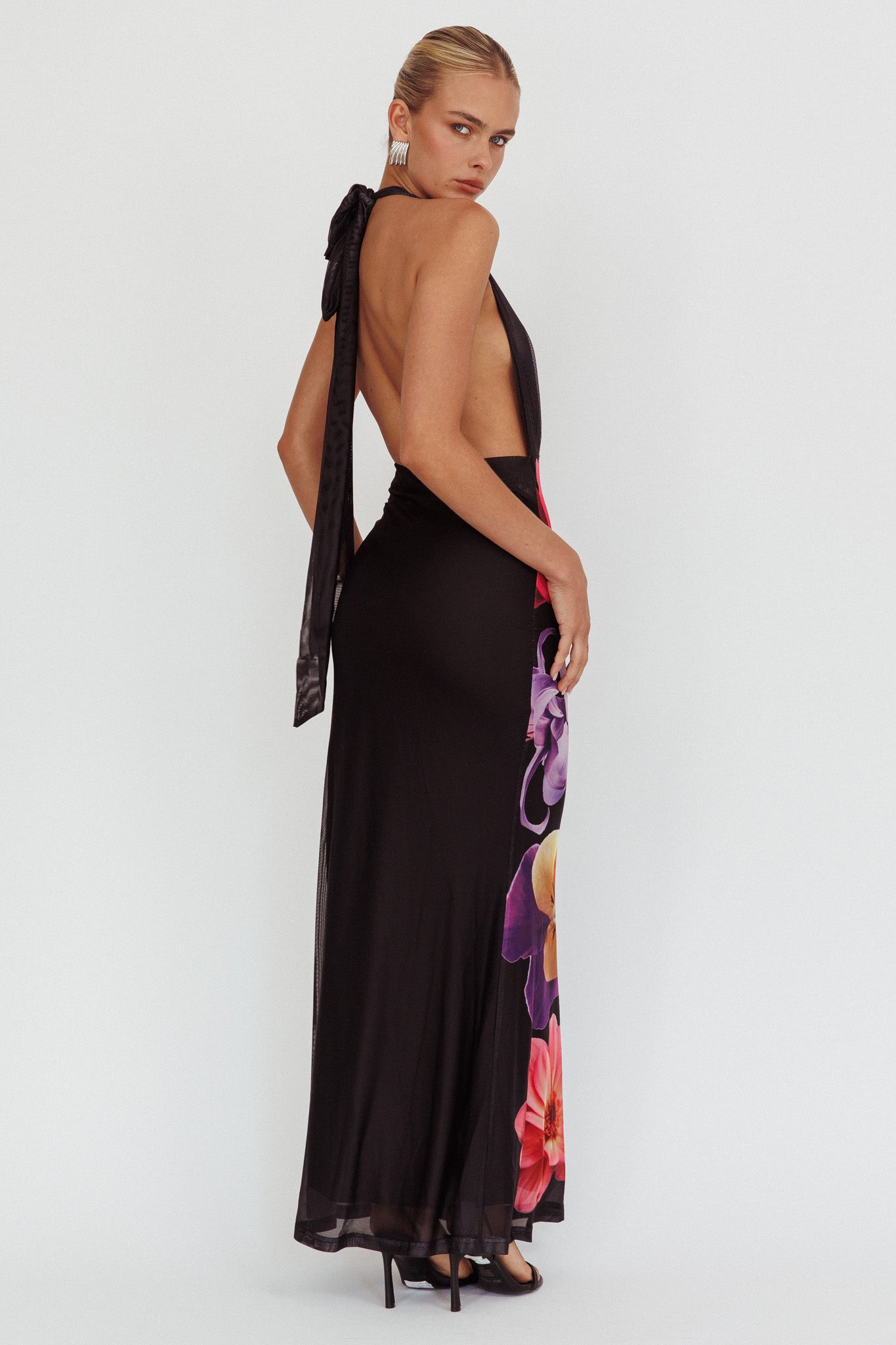 Italia Azure Halterneck Maxi Dress Flowers Black by Selfie Leslie Australia