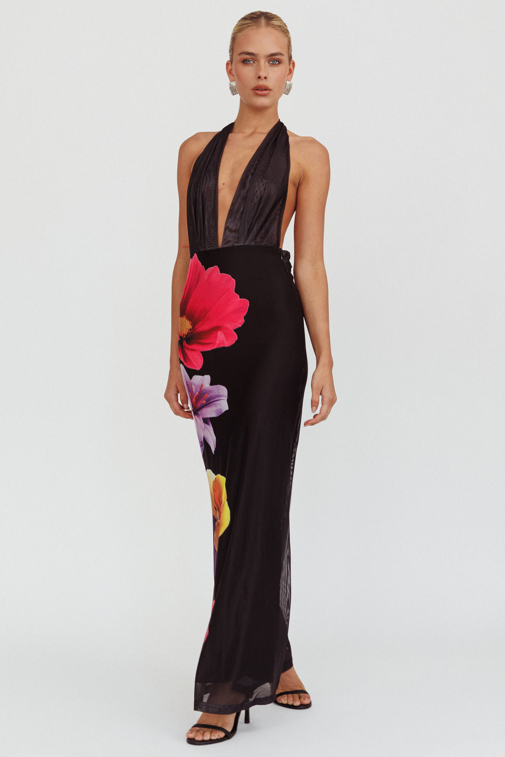 Italia Azure Halterneck Maxi Dress Flowers Black by Selfie Leslie Australia
