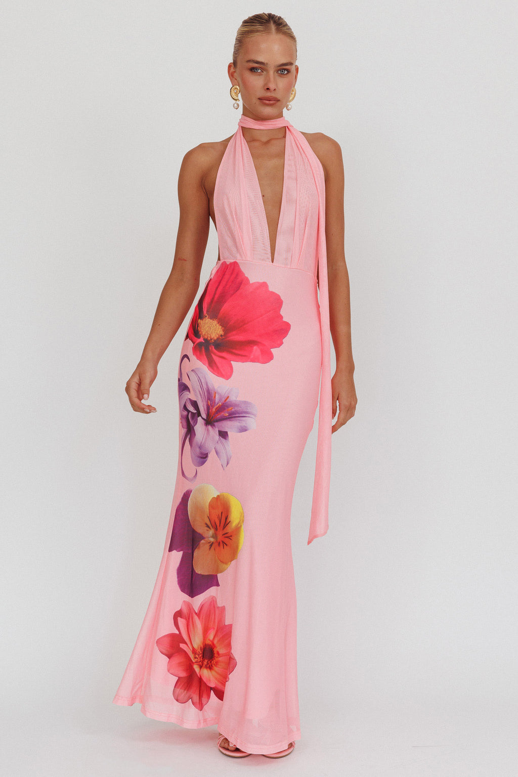 Italia Azure Halterneck Maxi Dress Flowers Pink by Selfie Leslie Australia