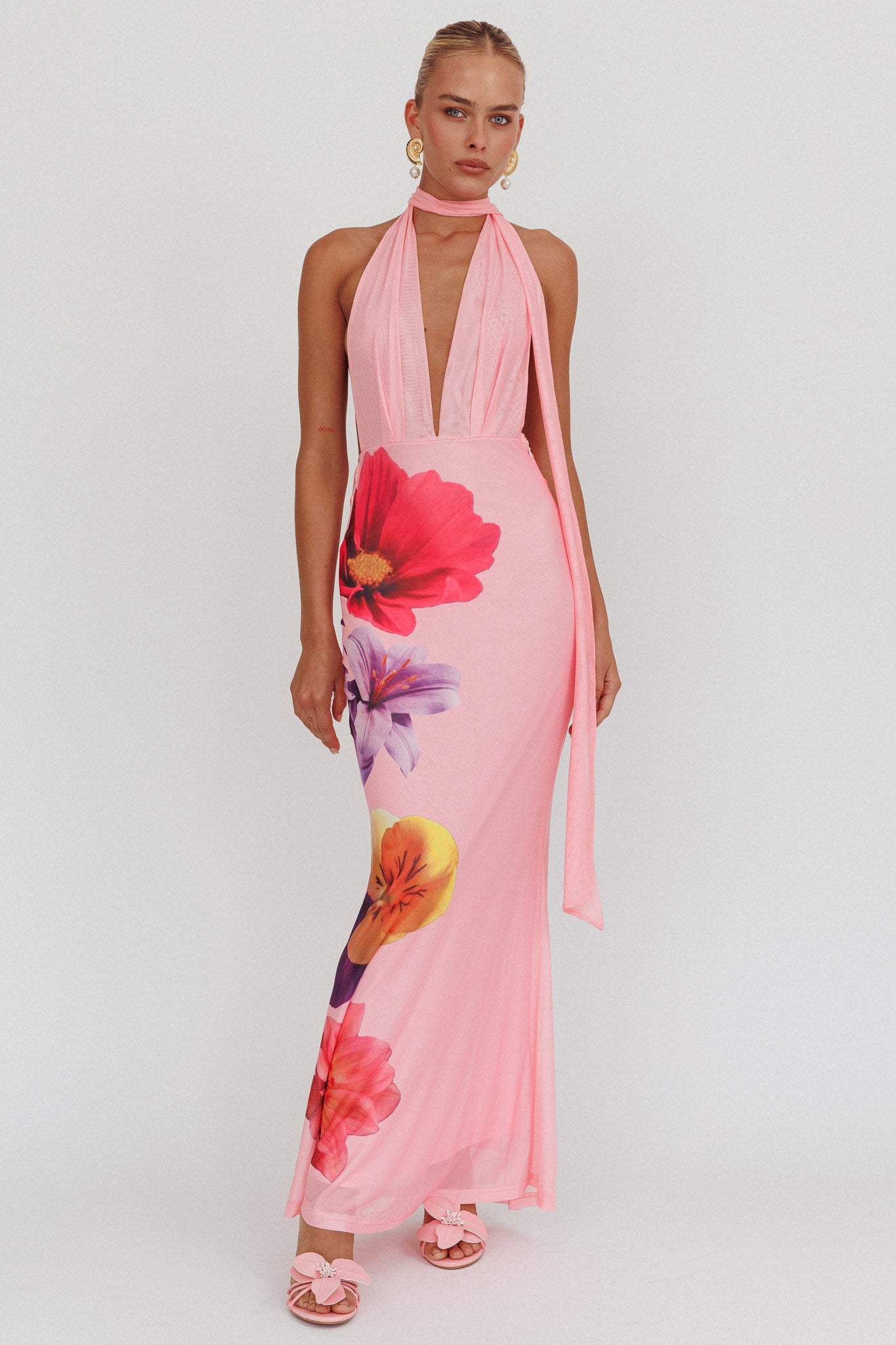 Italia Azure Halterneck Maxi Dress Flowers Pink by Selfie Leslie Australia