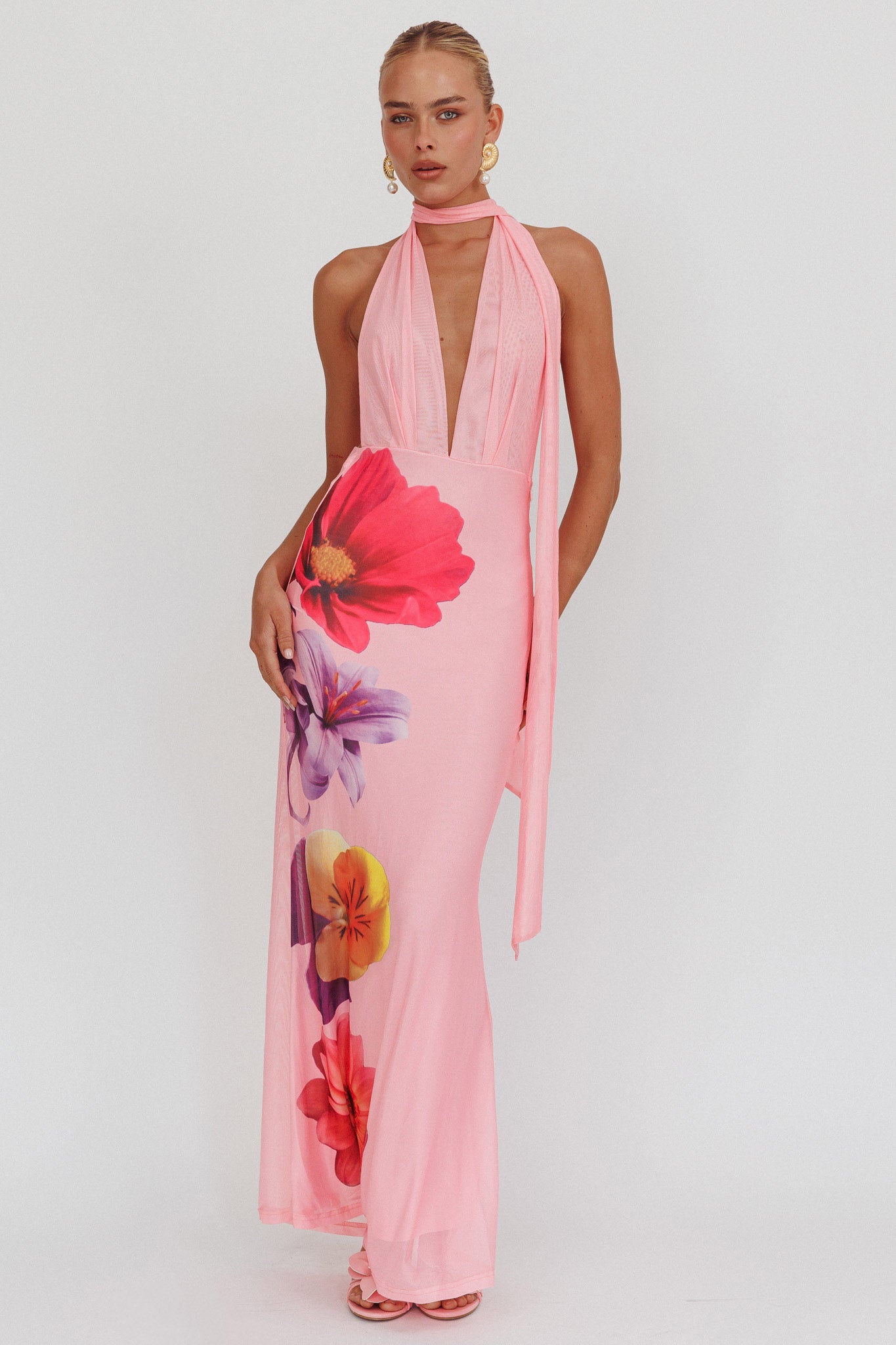 Italia Azure Halterneck Maxi Dress Flowers Pink by Selfie Leslie Australia
