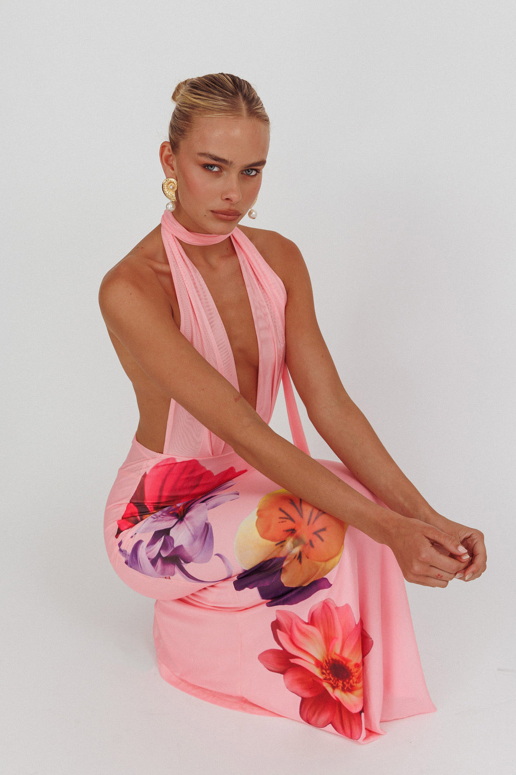 Italia Azure Halterneck Maxi Dress Flowers Pink by Selfie Leslie Australia