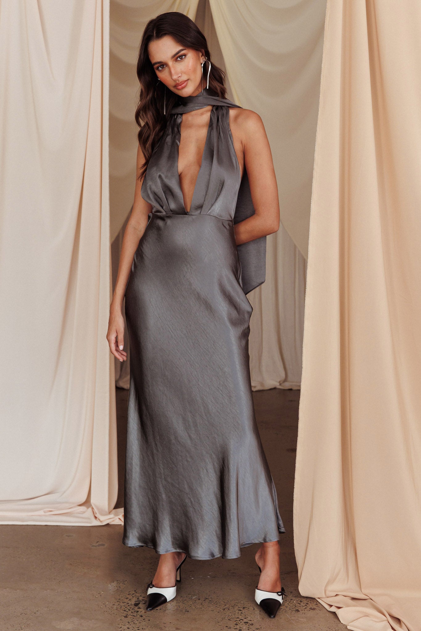 Italia Azure Halterneck Maxi Dress Charcoal by Selfie Leslie Australia