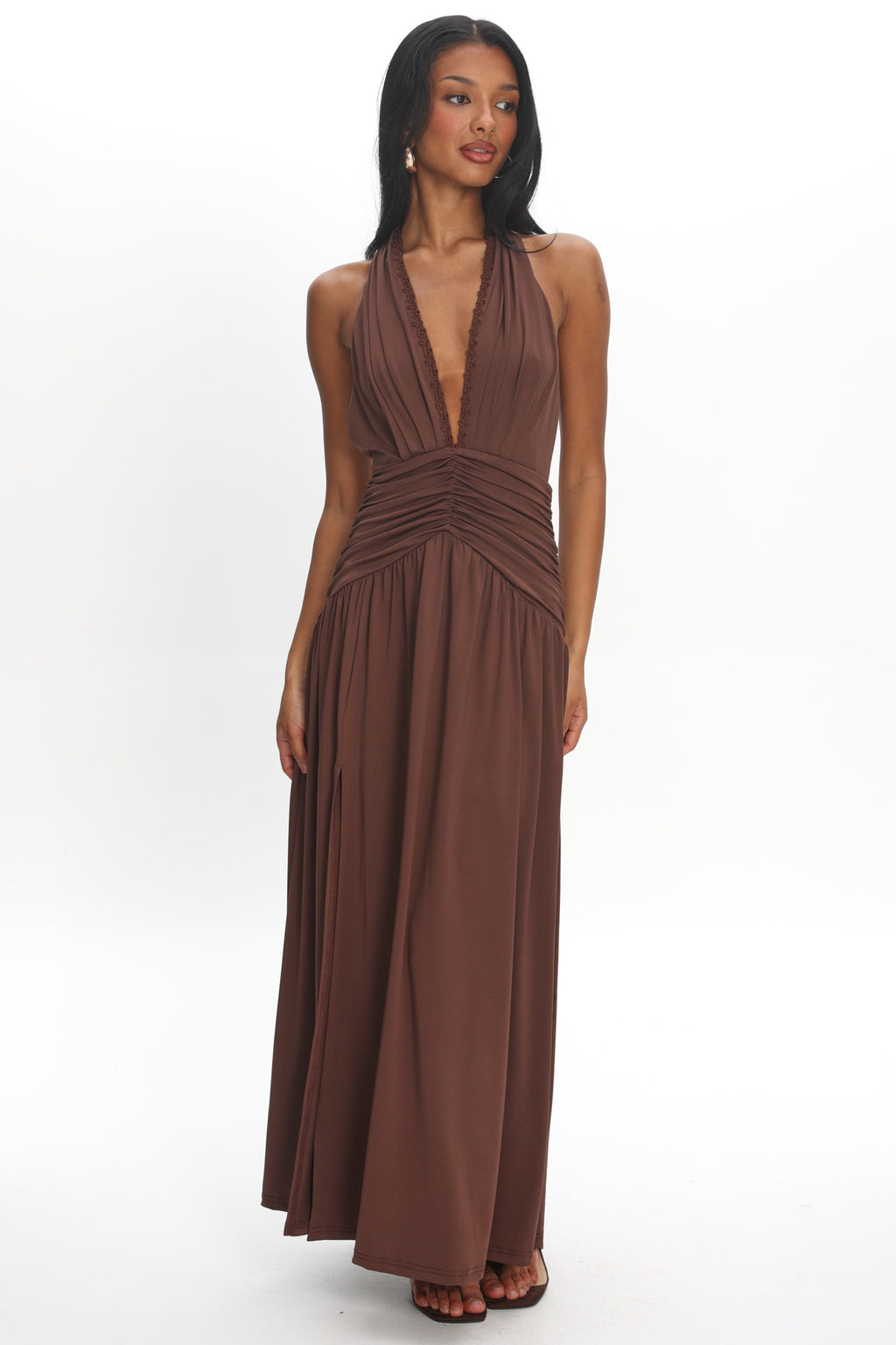Tanya Halterneck Ruched Maxi Dress Chocolate by Selfie Leslie Australia