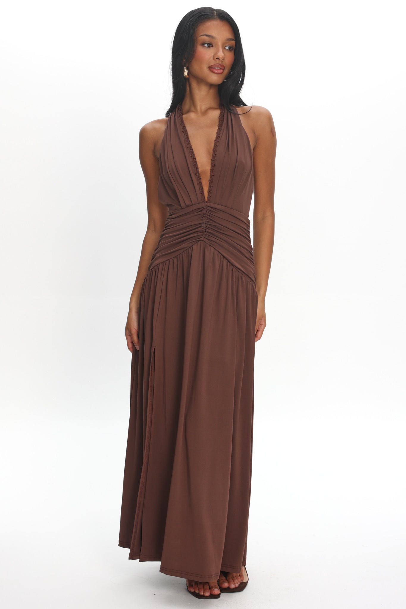 Tanya Halterneck Ruched Maxi Dress Chocolate by Selfie Leslie Australia