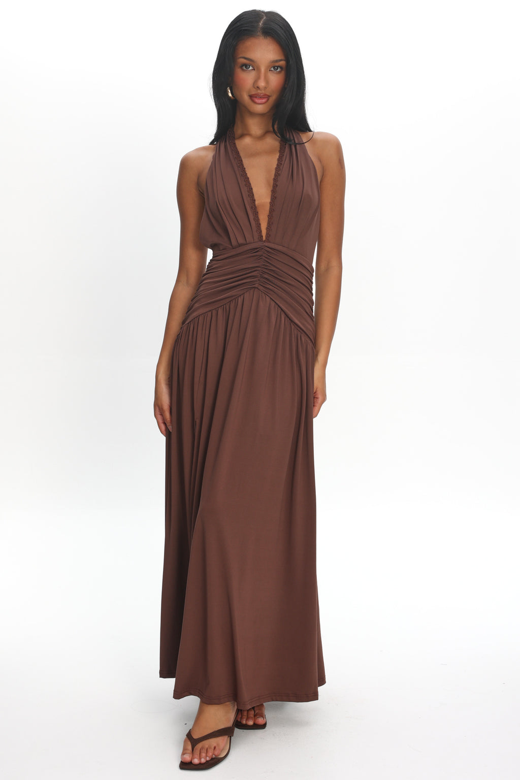 Tanya Halterneck Ruched Maxi Dress Chocolate by Selfie Leslie Australia