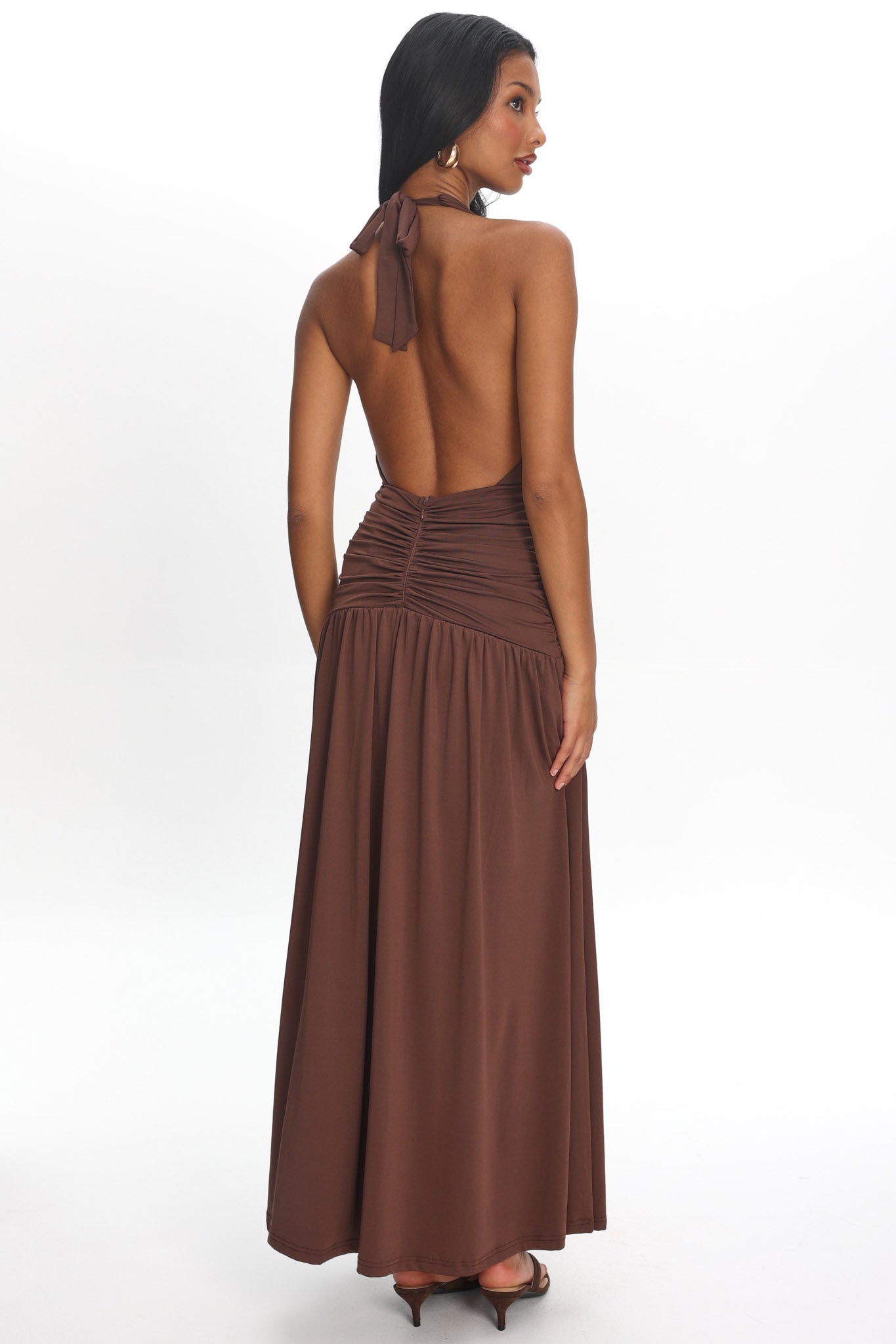 Tanya Halterneck Ruched Maxi Dress Chocolate by Selfie Leslie Australia