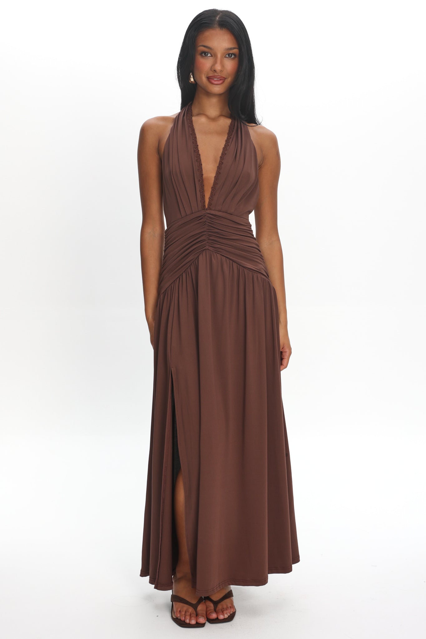 Tanya Halterneck Ruched Maxi Dress Chocolate by Selfie Leslie Australia